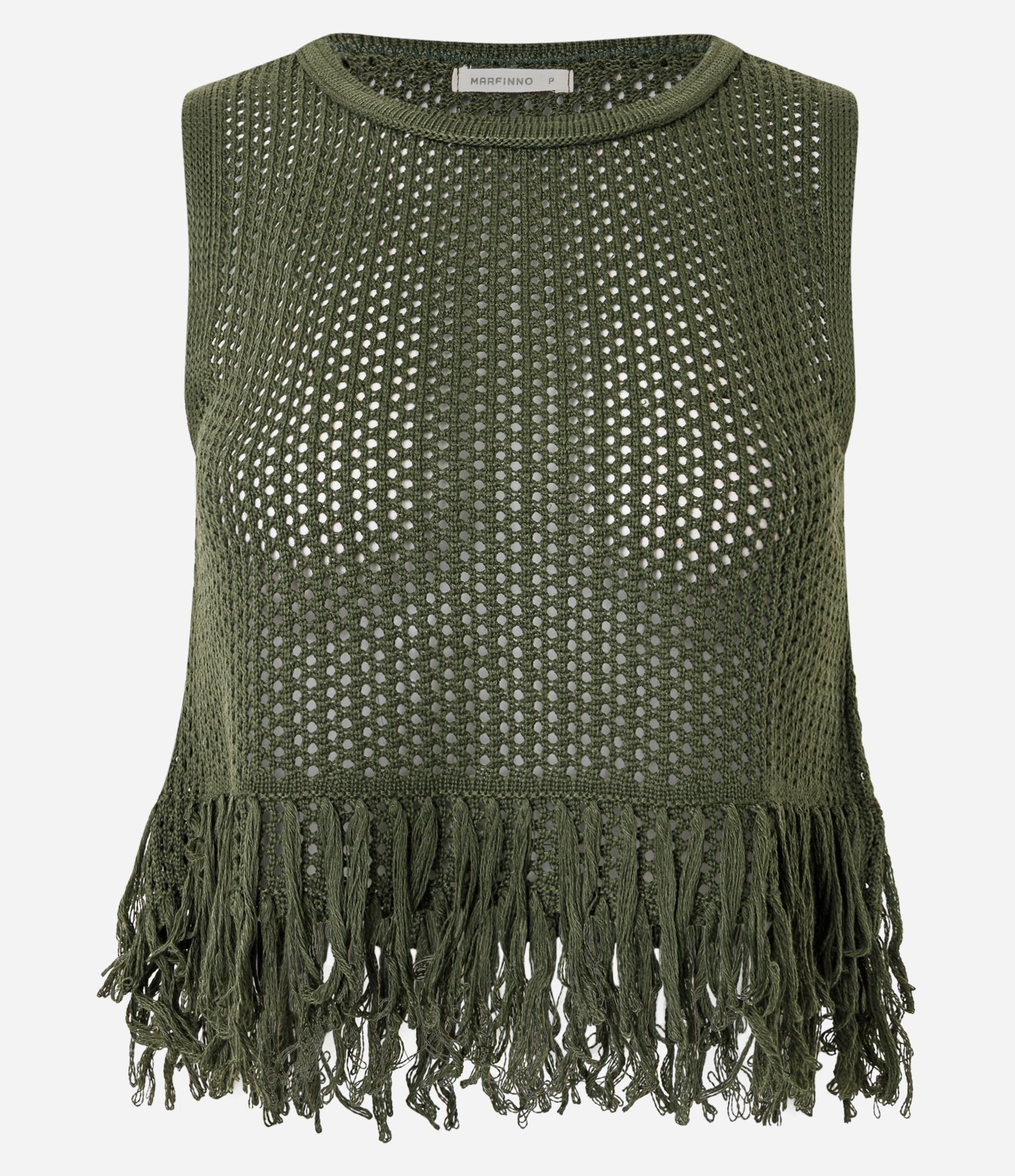 Blusa em Tricô com com Ponto Trabalhado e Franjas Verde 1