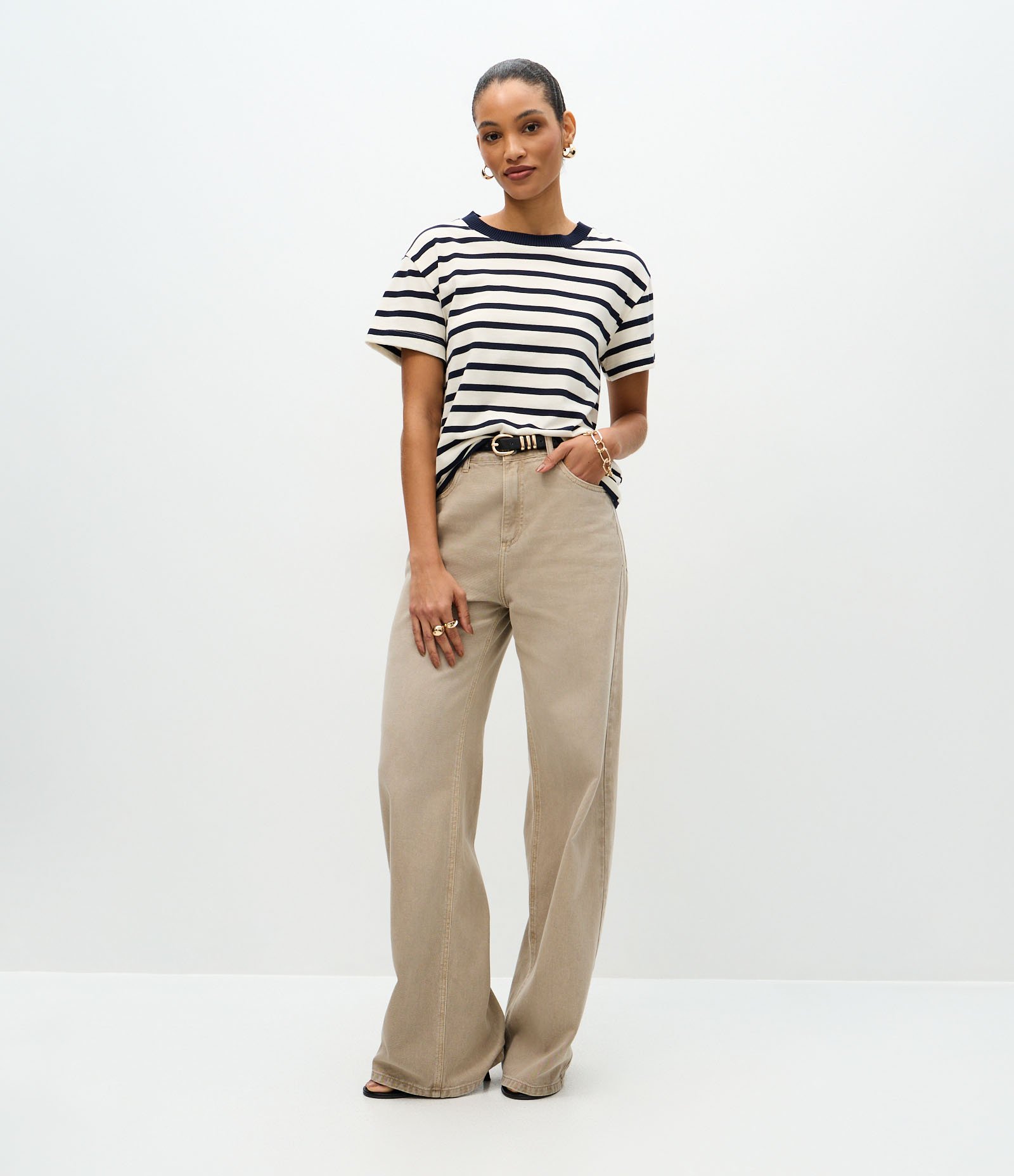 Blusa Slim Listrada em Algodão com Gola Contrastante Branco/Azul 2