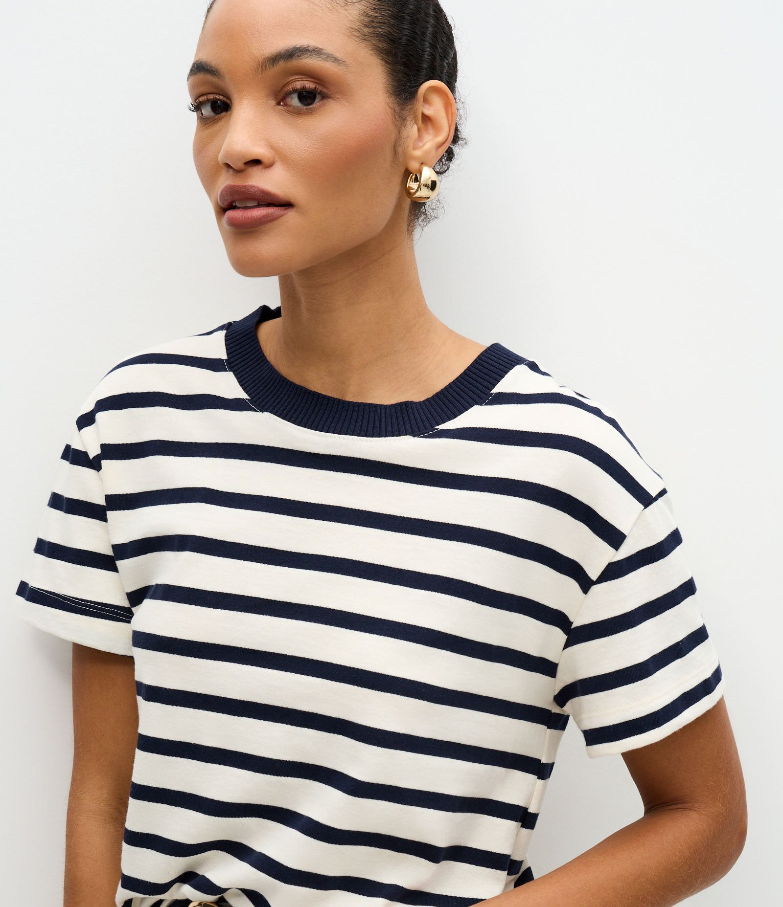 Blusa Slim Listrada em Algodão com Gola Contrastante Branco/Azul 3