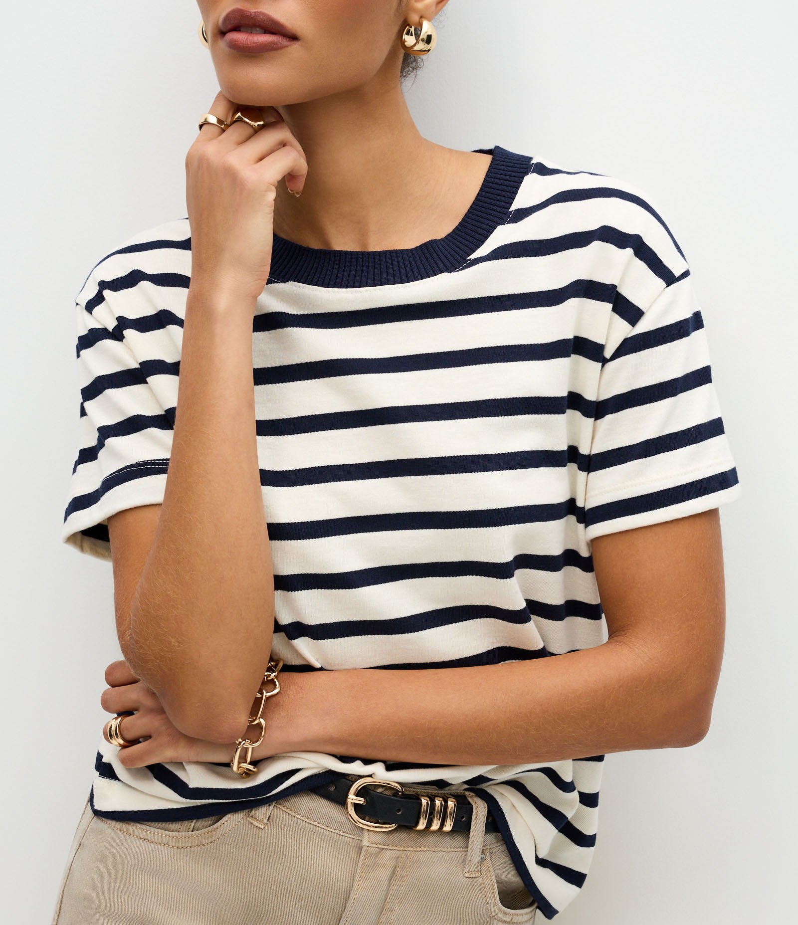 Blusa Slim Listrada em Algodão com Gola Contrastante Branco/Azul 4