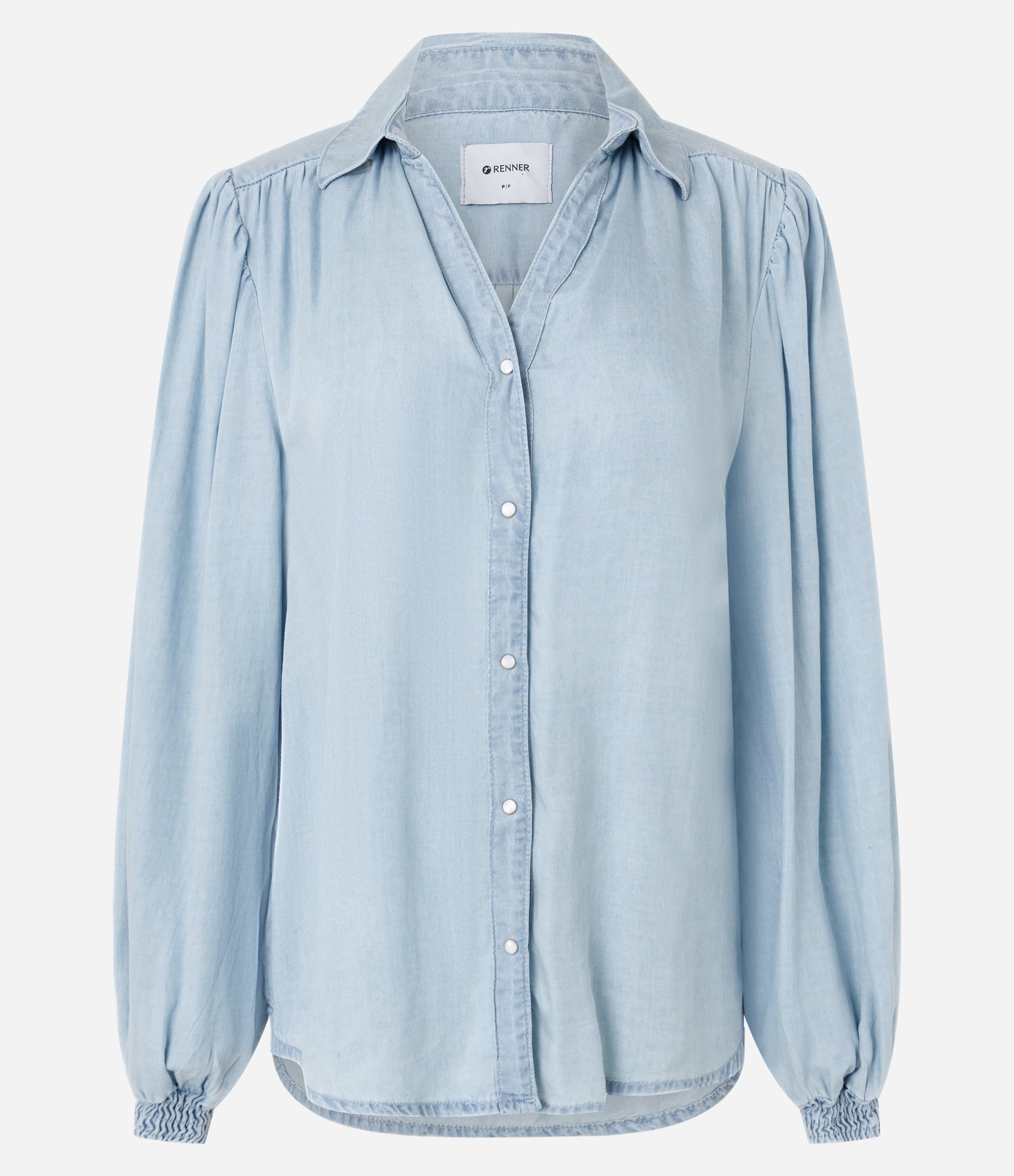 Camisa em Jeans com Manga Bufante e Abotoamento Frontal Azul 5