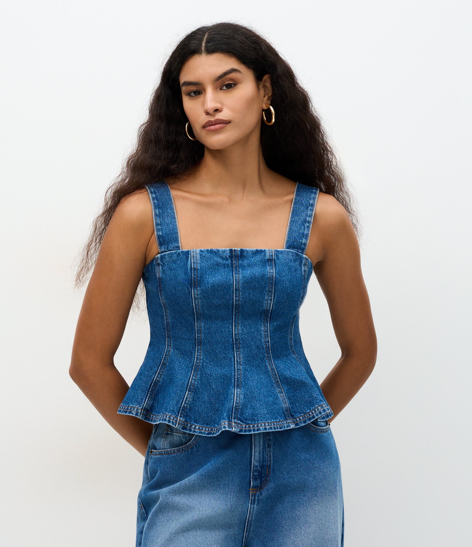Blusa Peplum em Jeans com Zíper Azul 1