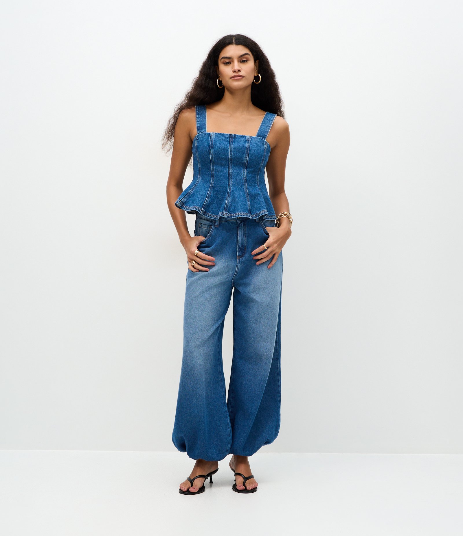 Blusa Peplum em Jeans com Zíper Azul 2