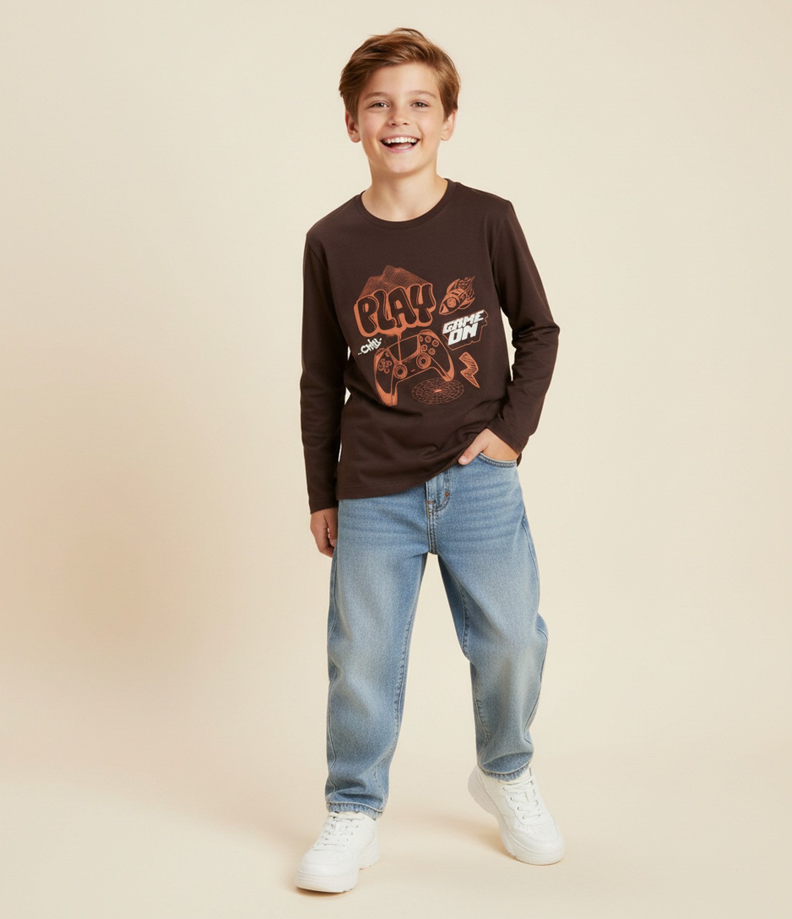 Camiseta Infantil com Estampa Video Game – Tam 5 a 16 Anos Marrom 1