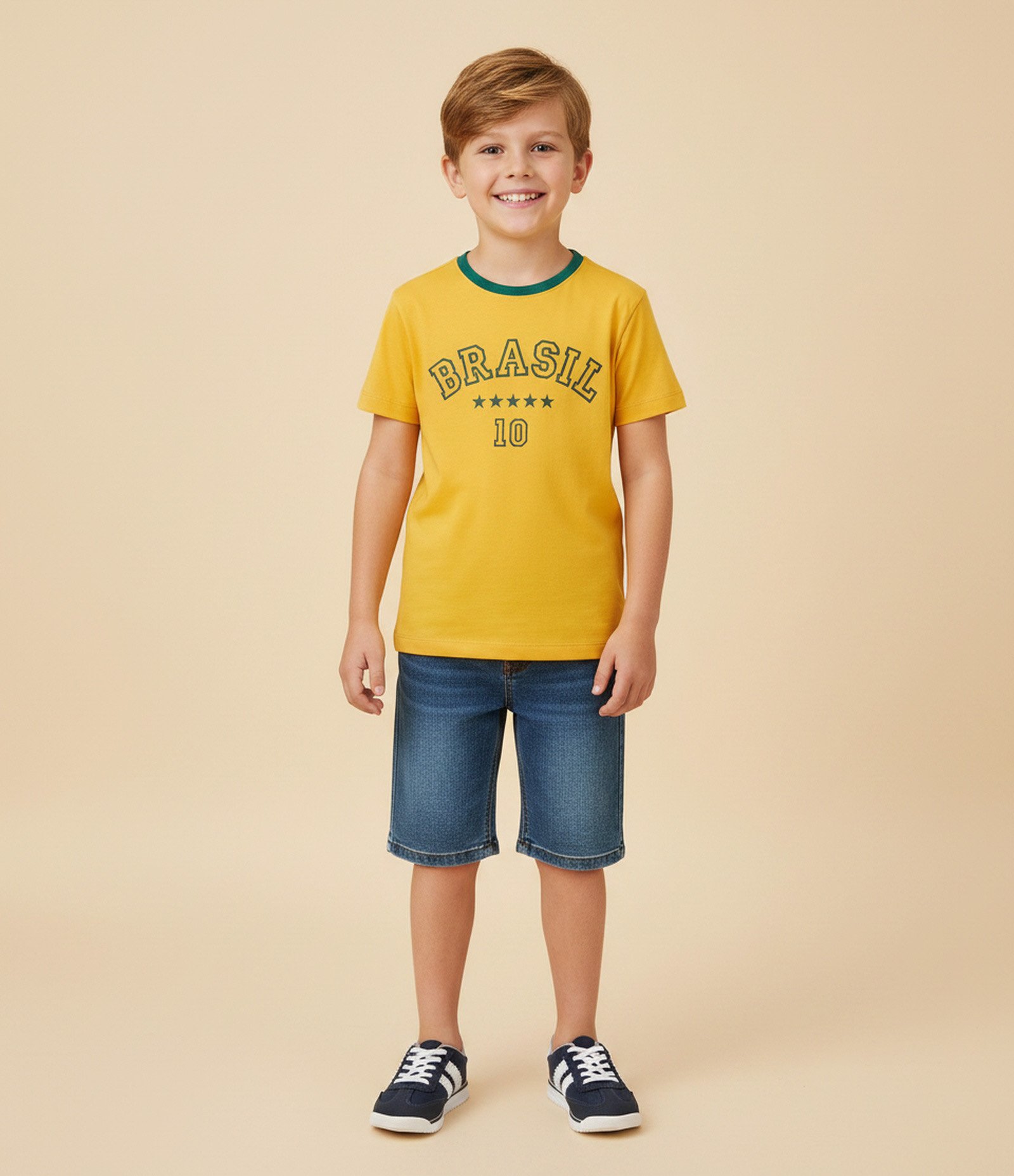 Camiseta Infantil em Algodão com Estampa Brasil 10 - Tam 5 a 14 Anos Amarelo 1