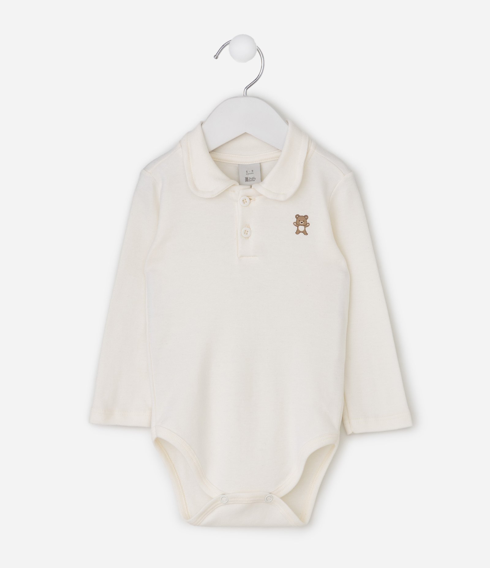 Body Infantil em Suedine com Gola Polo e Ursinho – Tam 0 a 18 Meses Off White 2