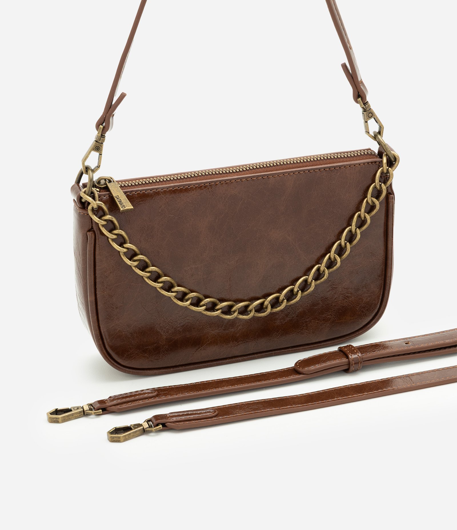 Bolsa Baguete Pequena em PU com Alça Transversal Removível Marrom 7