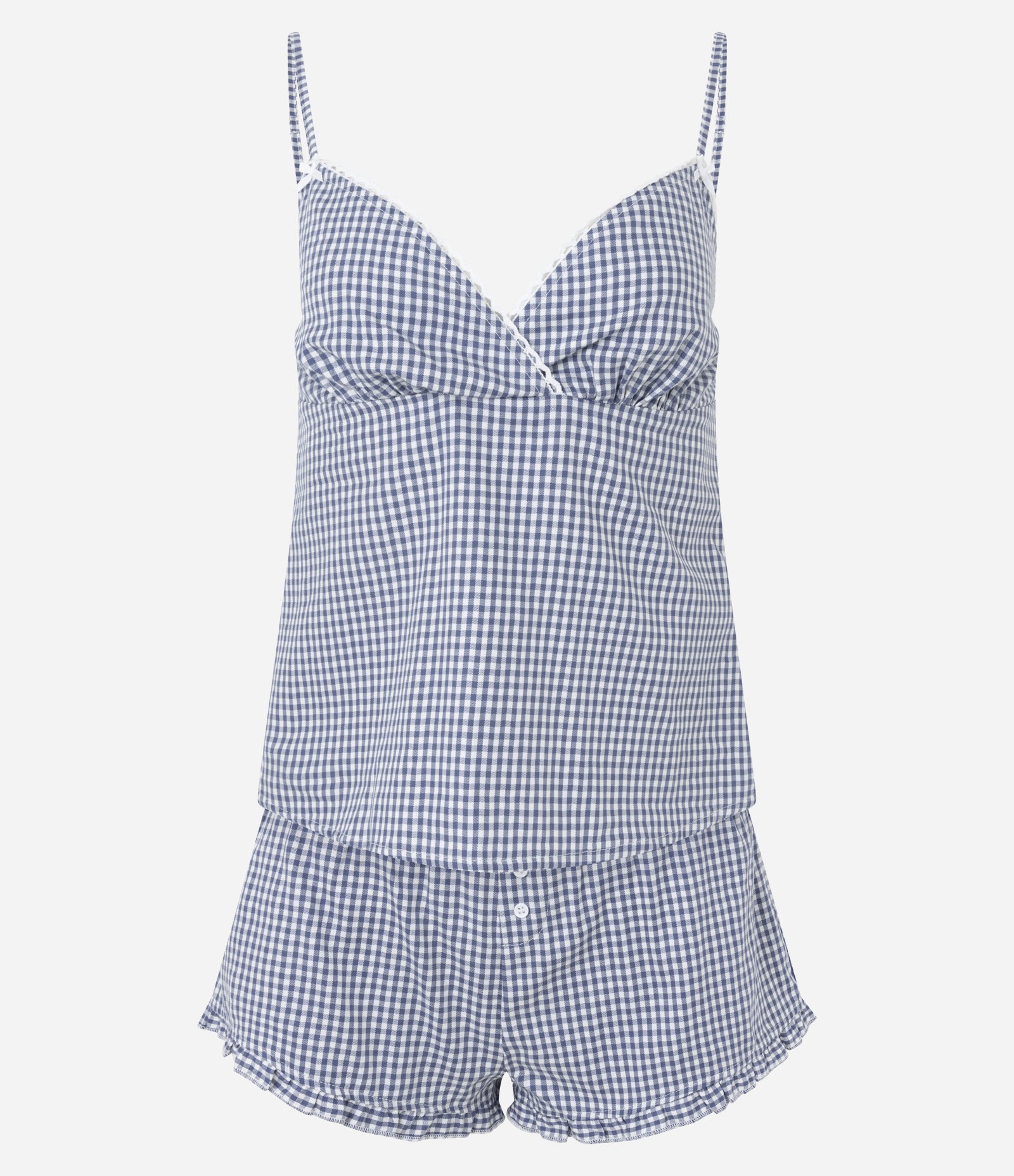 Pijama Short Doll em Algodão com Estampa Xadrez e Decote Coração Azul 6
