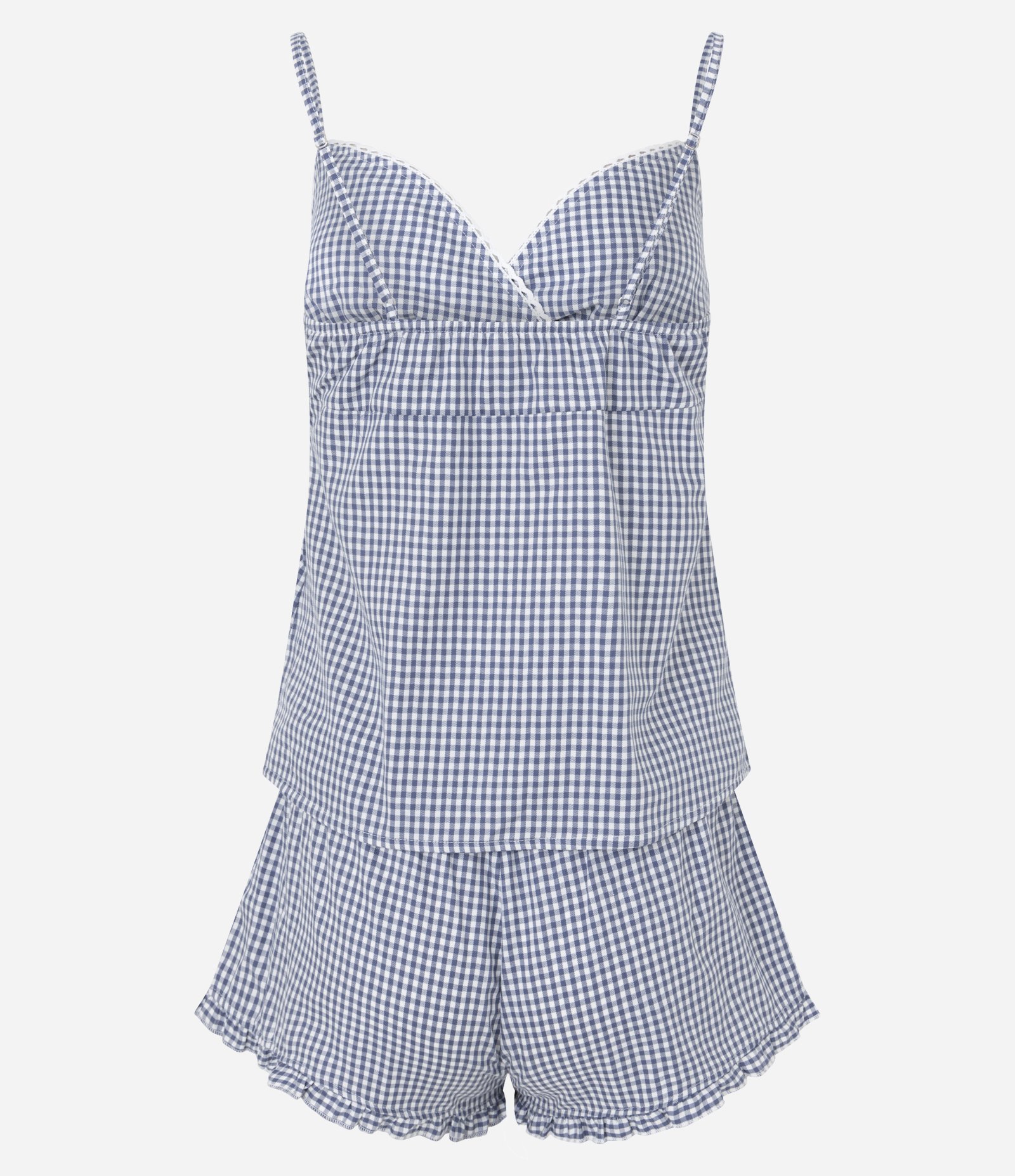 Pijama Short Doll em Algodão com Estampa Xadrez e Decote Coração Azul 9
