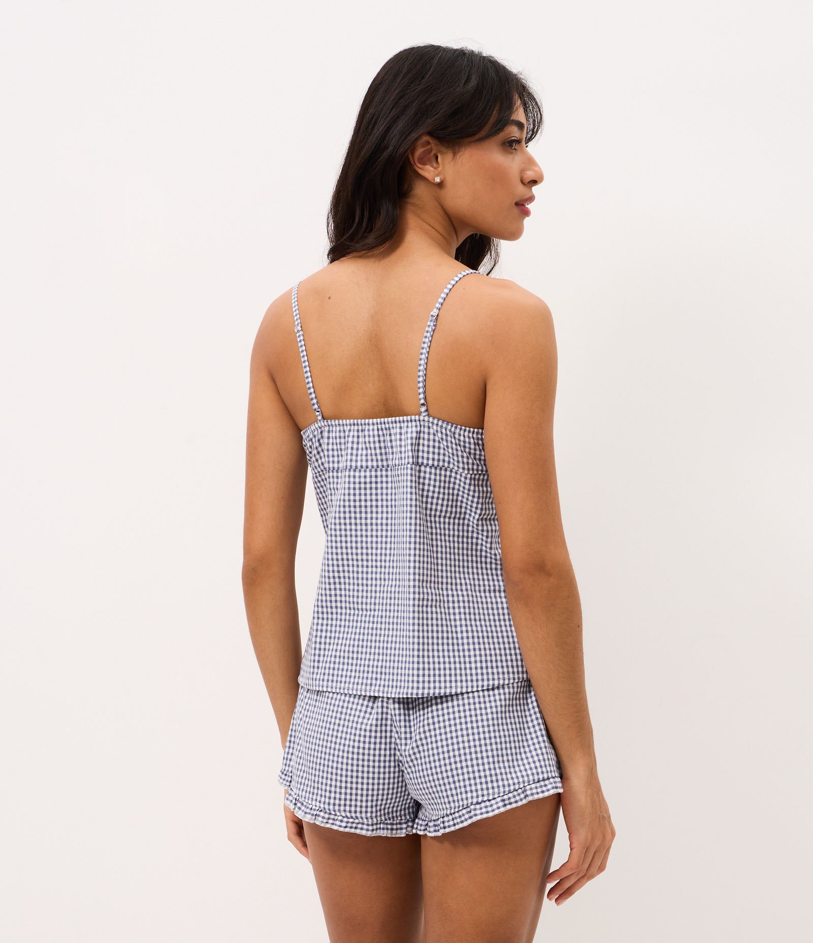 Pijama Short Doll em Algodão com Estampa Xadrez e Decote Coração Azul 5