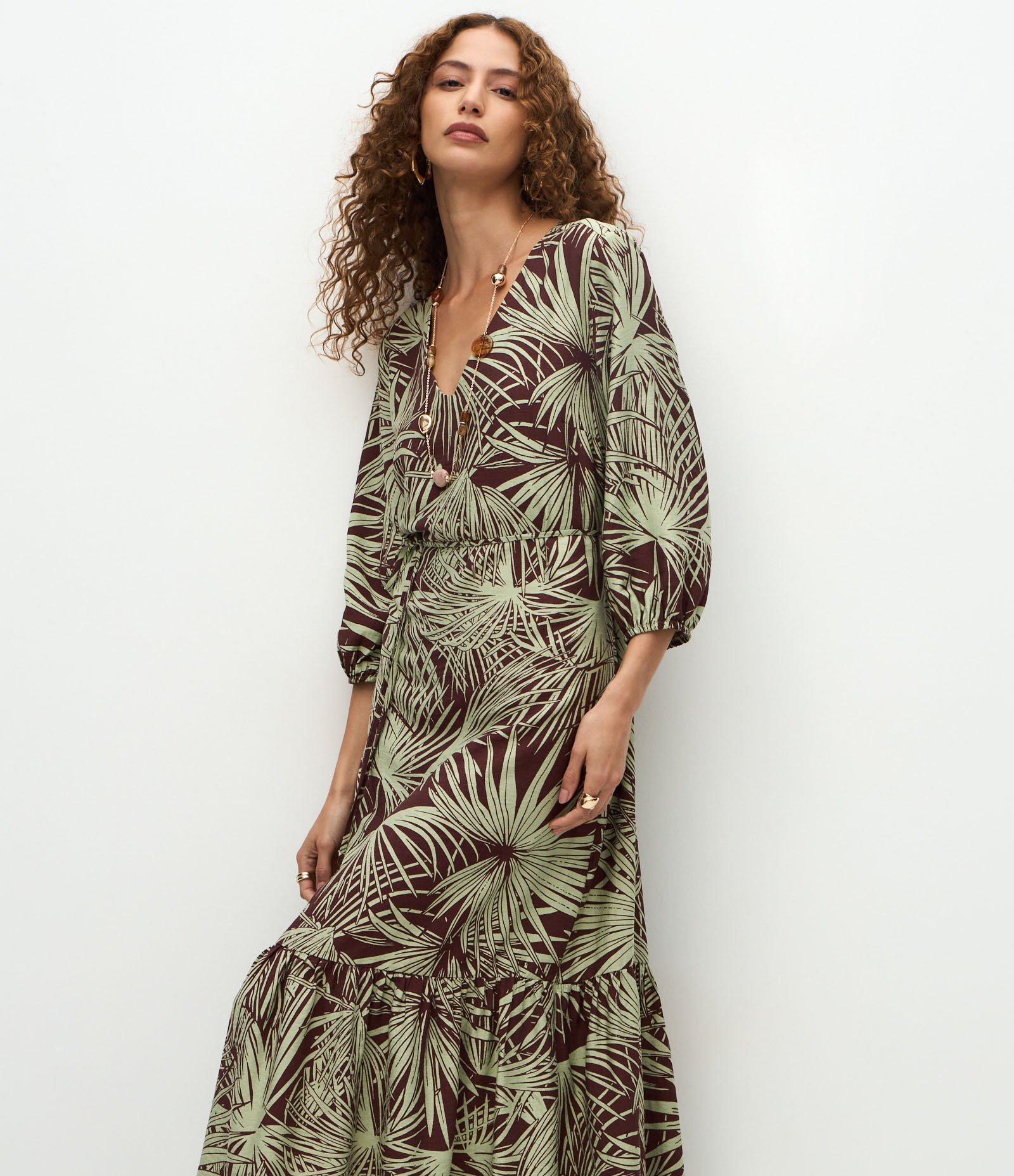 Vestido Longo Estampado em Viscose com Manga Bufante Marrom/Verde 1