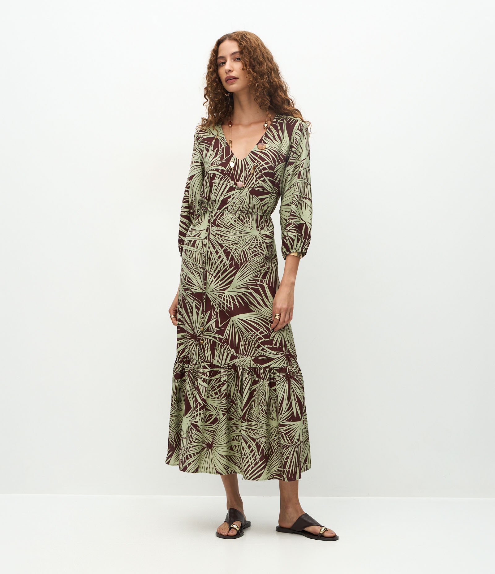 Vestido Longo Estampado em Viscose com Manga Bufante Marrom/Verde 2