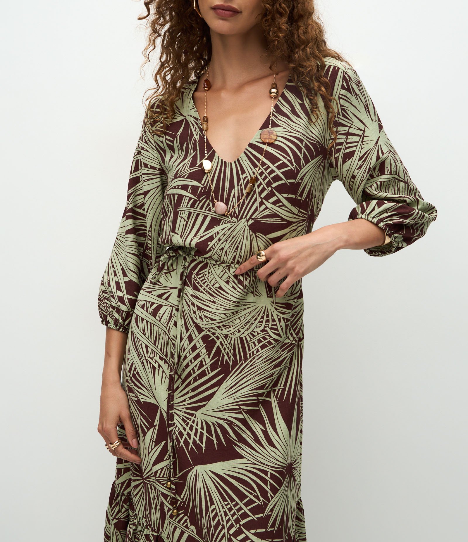 Vestido Longo Estampado em Viscose com Manga Bufante Marrom/Verde 4