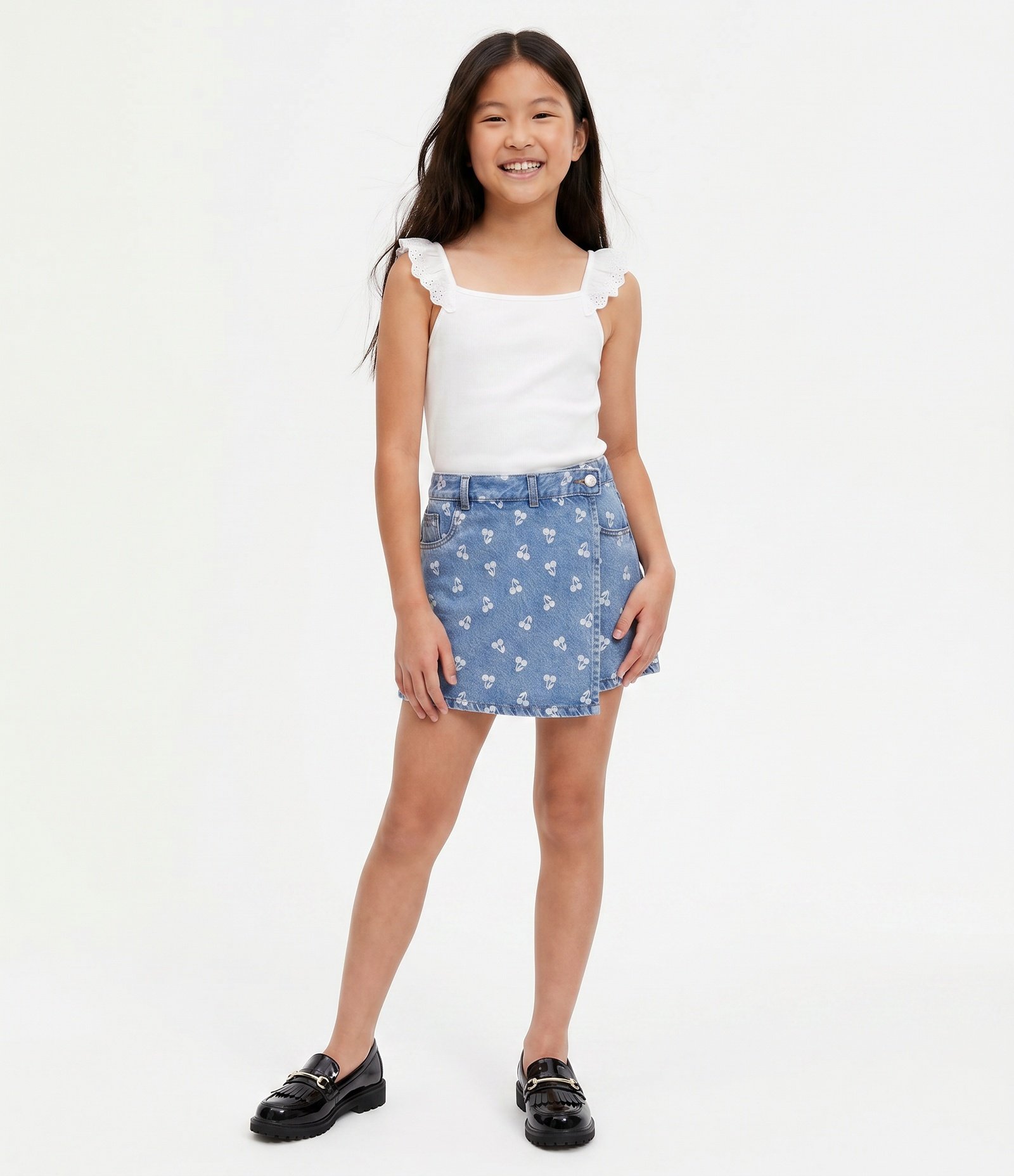 Blusa Slim Infantil em Ribana com Babados em Broderie – Tam 5 a 16 Anos Branco 1