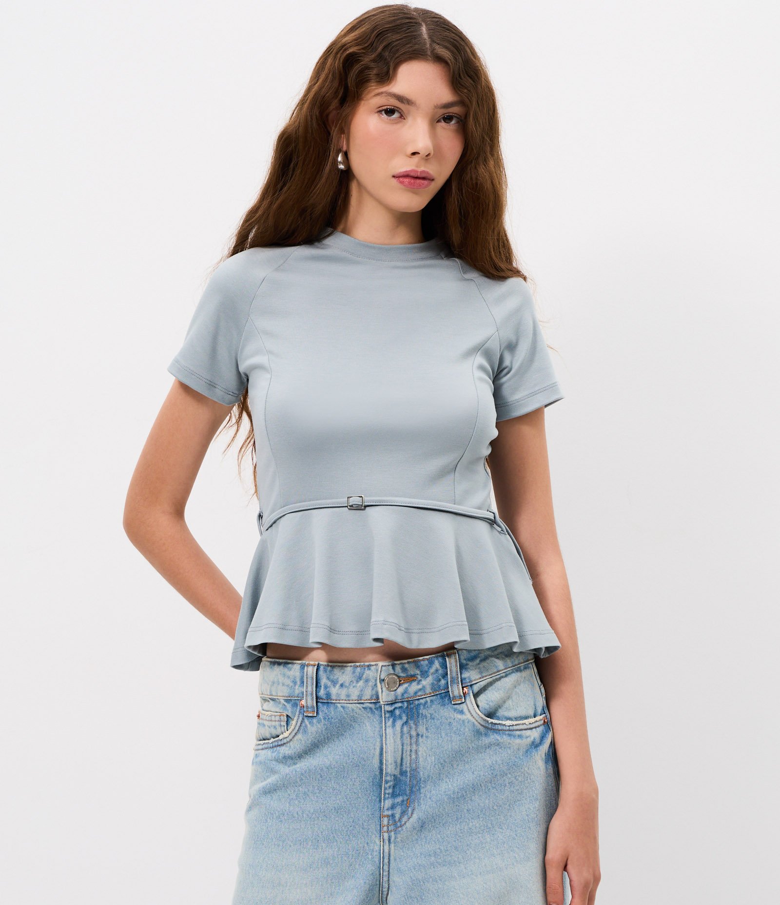 Blusa Peplum em Ponto Roma com Detalhe de Cinto Azul 1