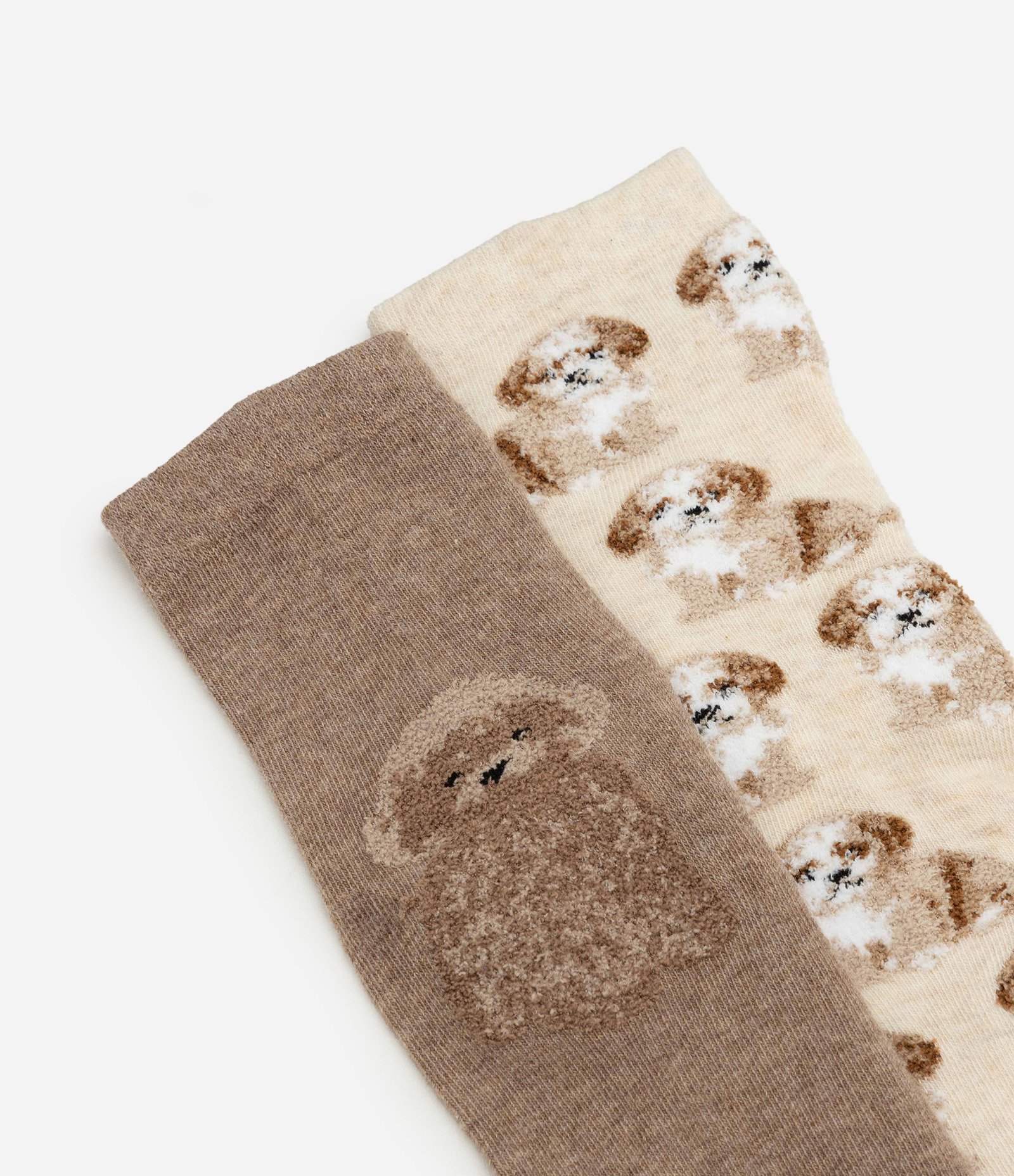 Kit 02 Meias Cano Médio com Estampa de Cachorro e Texturizadas Bege/Marrom 4