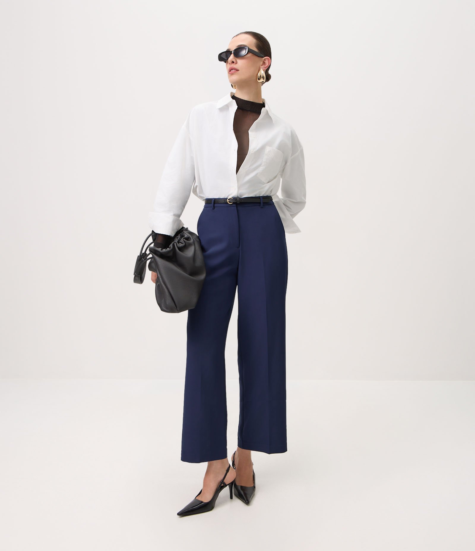 Calça Reta Alfaiatada com Cinto Fino em PU Azul 1