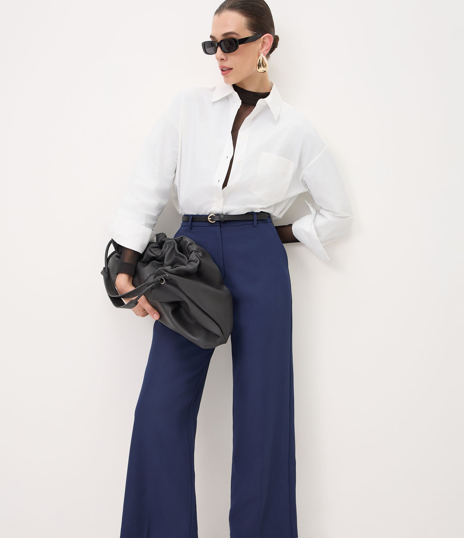 Calça Reta Alfaiatada com Cinto Fino em PU Azul 2