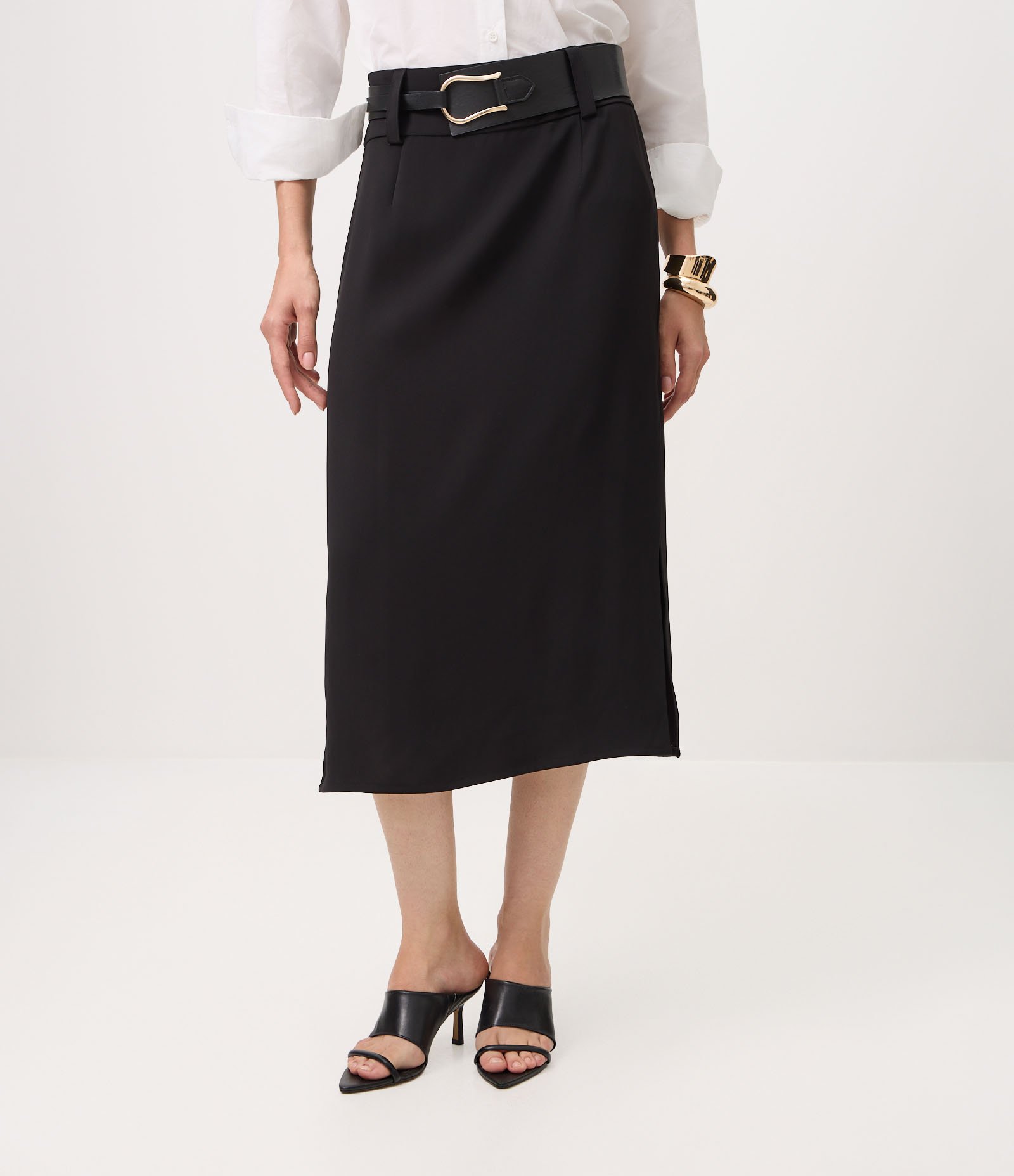 Saia Midi Alfaiatada com Cinto em PU Preto 3