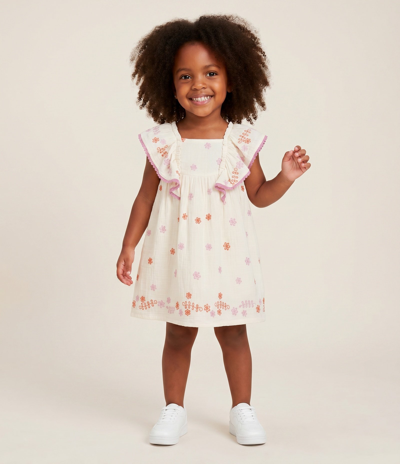 Vestido Evasê Infantil com Bordados Florais – Tam 1 a 6 Anos Off White 1