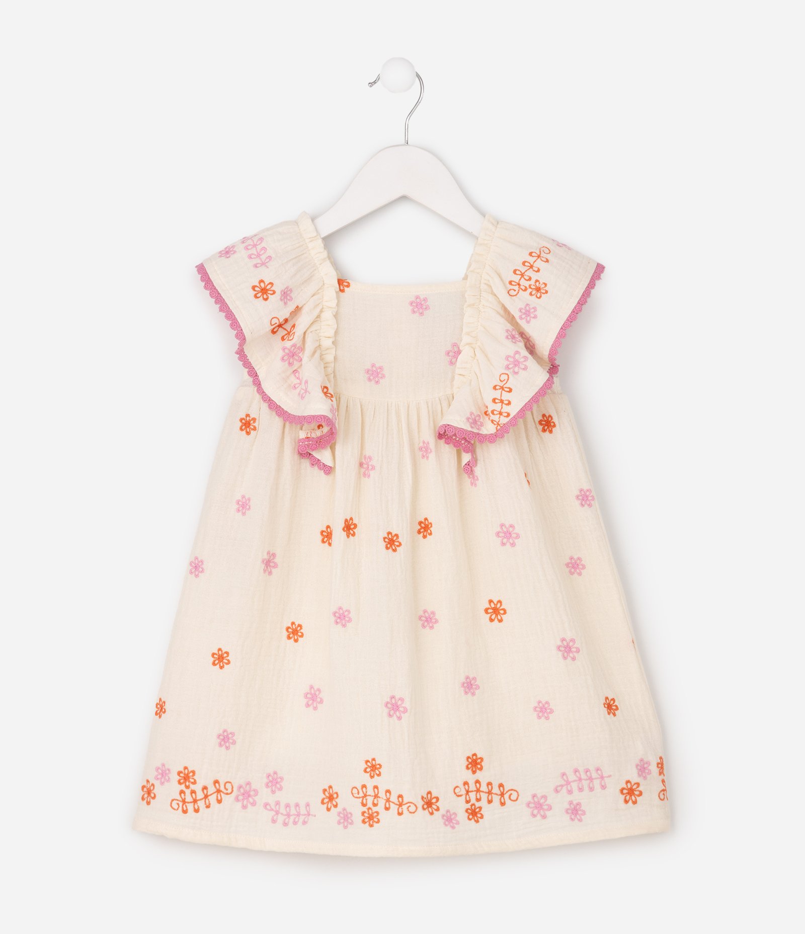 Vestido Evasê Infantil com Bordados Florais – Tam 1 a 6 Anos Off White 2