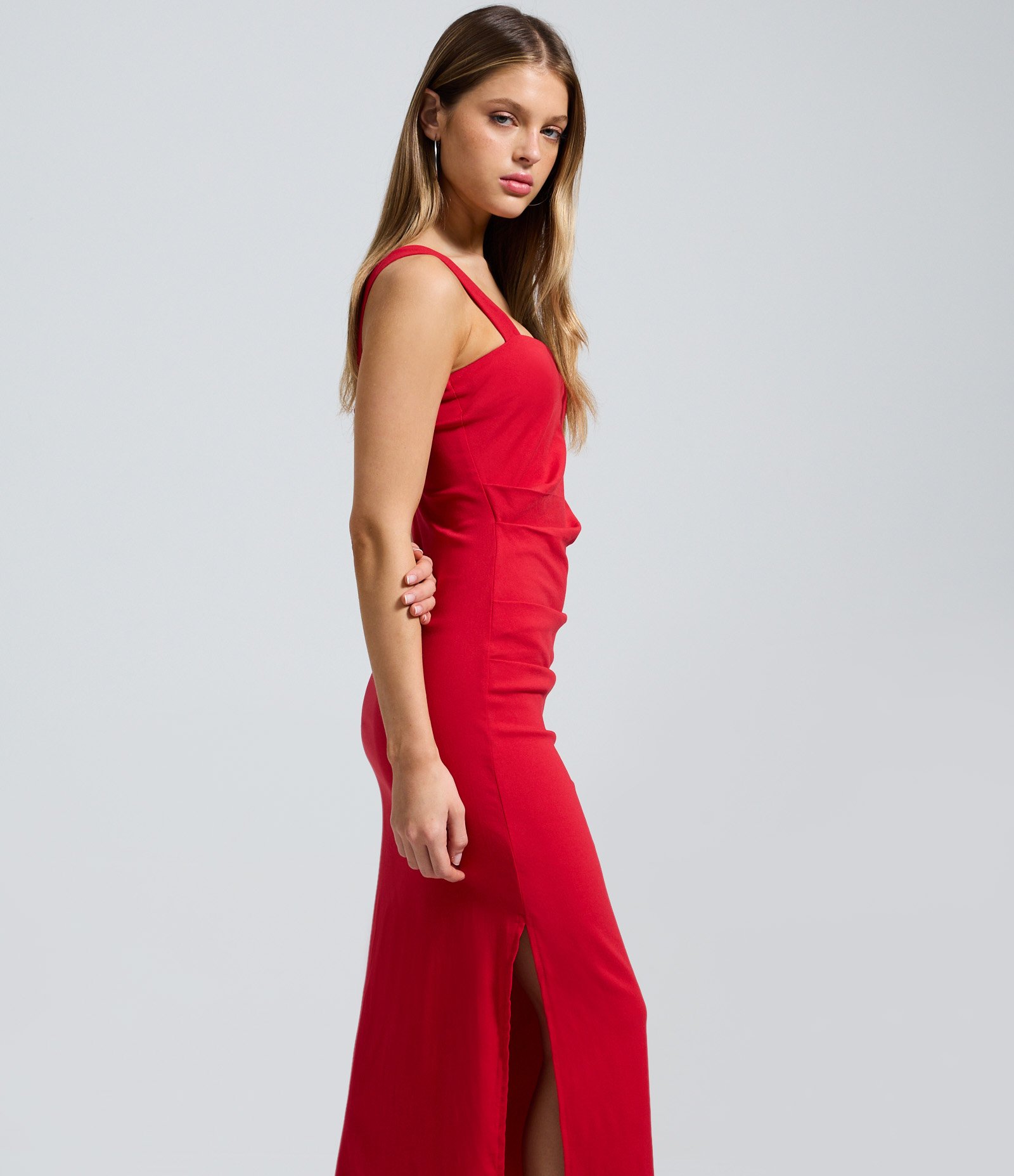 Vestido Midi em Bengaline com Franzido Lateral Vermelho 3