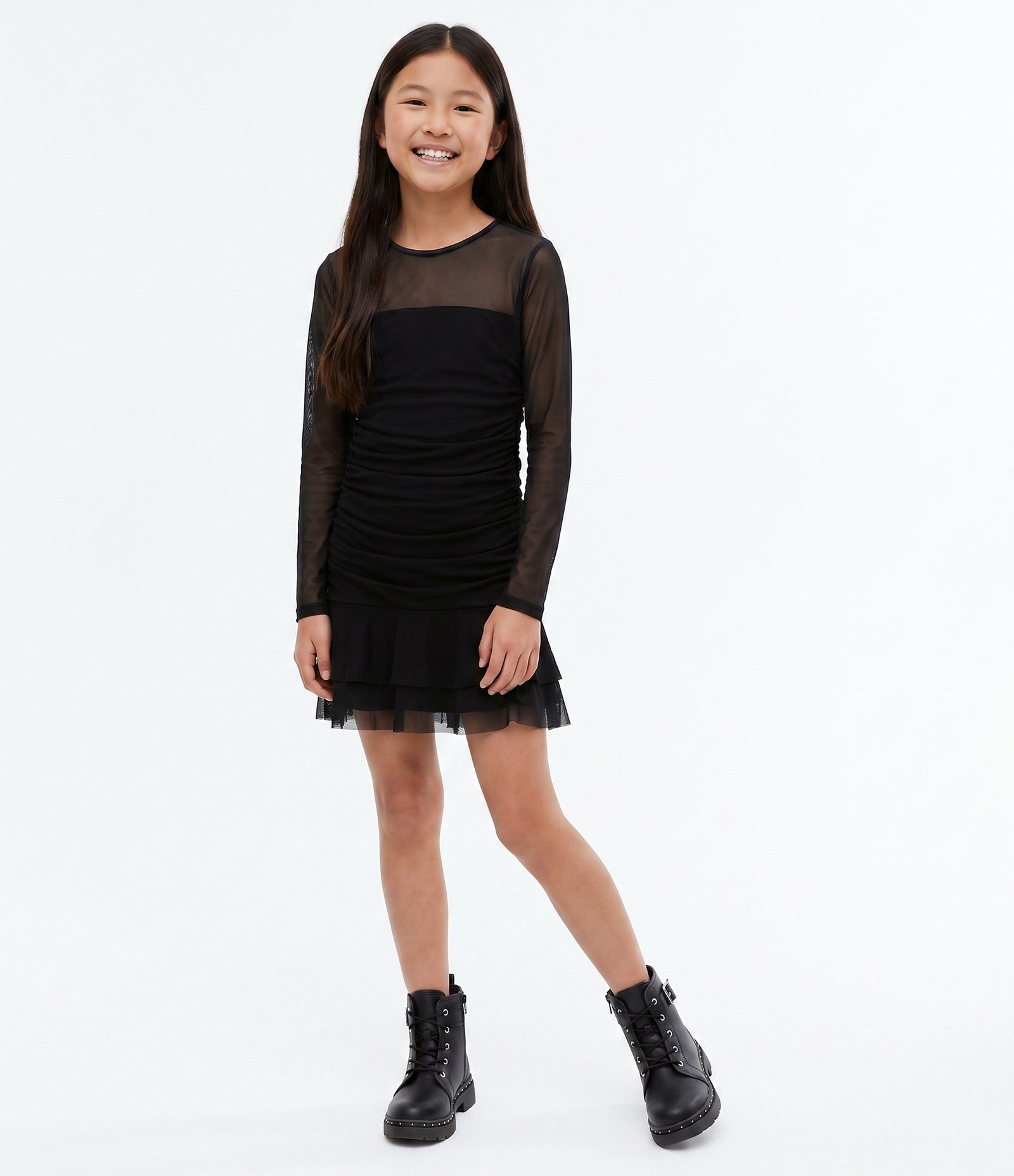 Vestido Infantil em Tule com Manga Longa e Franzido – Tam 5 a 14 Anos Preto 1