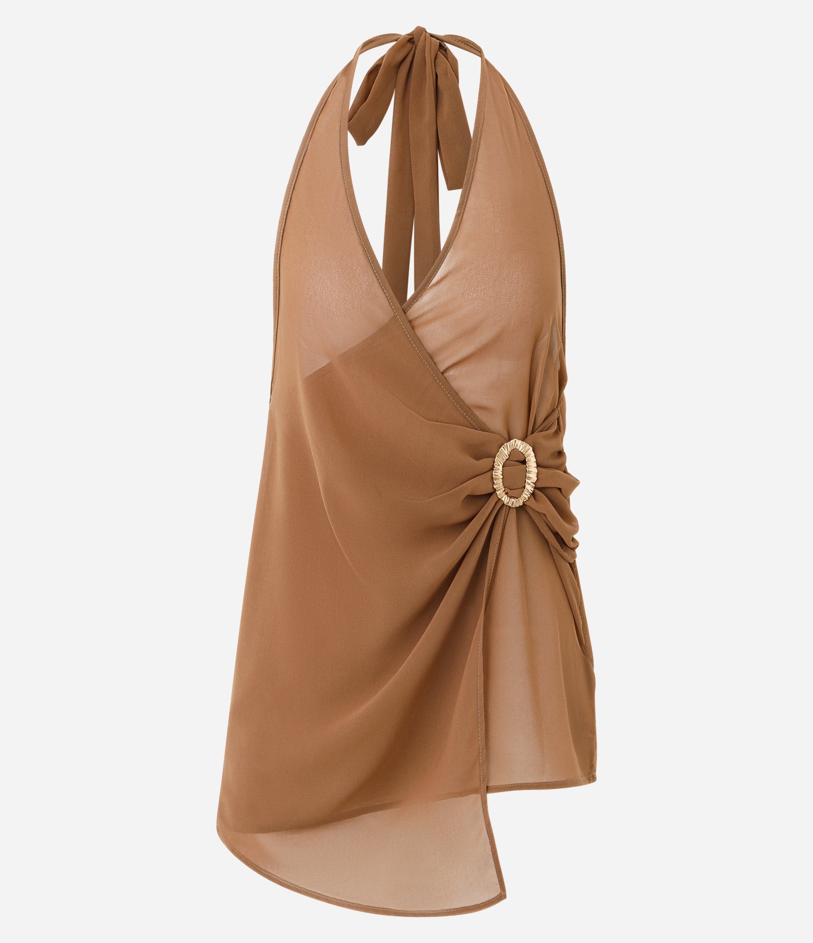 Saída de Praia Vestido Bata com Decote Halter e Aviamento Marrom 5