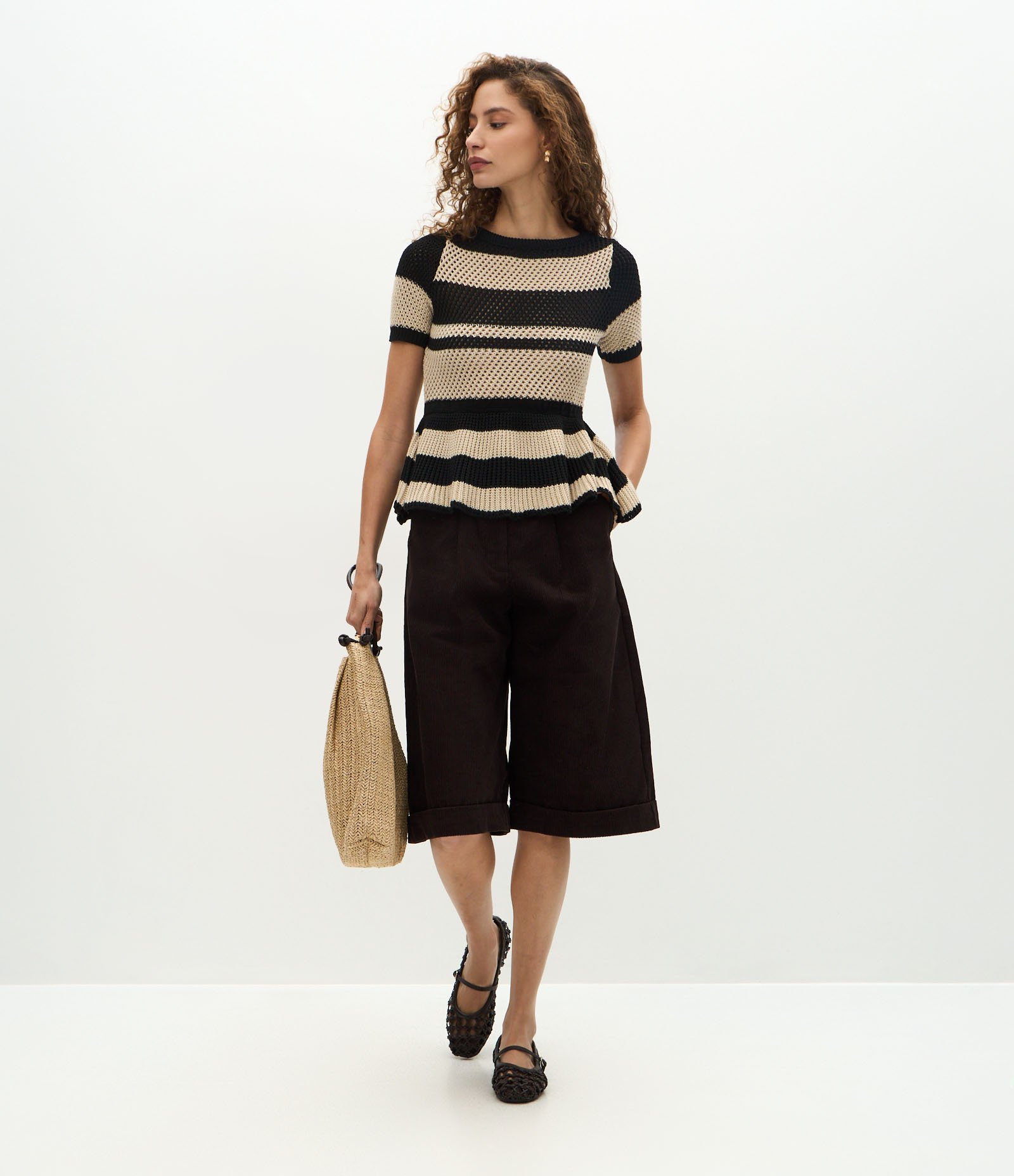 Blusa Peplum Em Tricô com Estampa Listrada Off White/Preto 2