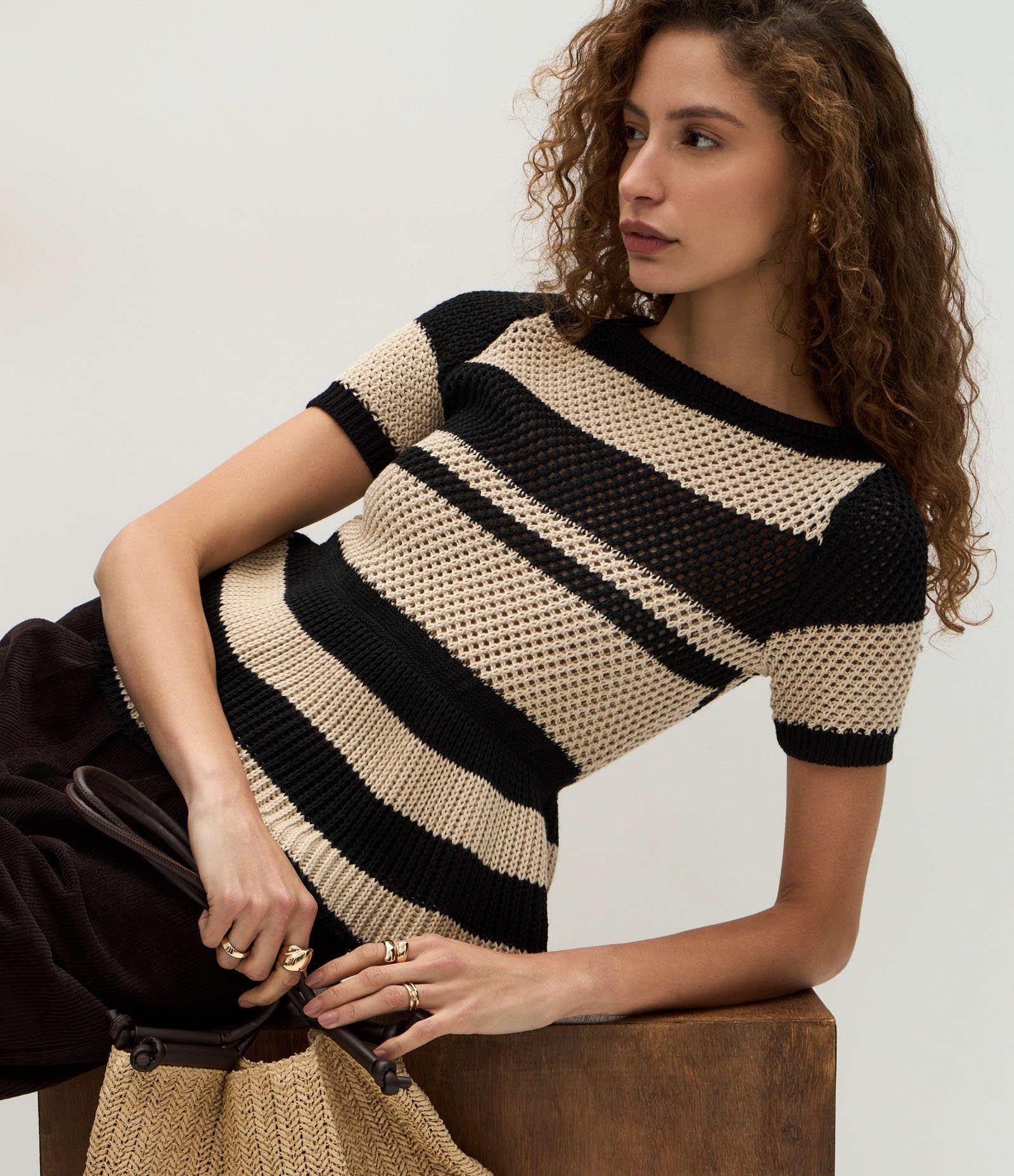 Blusa Peplum Em Tricô com Estampa Listrada Off White/Preto 5