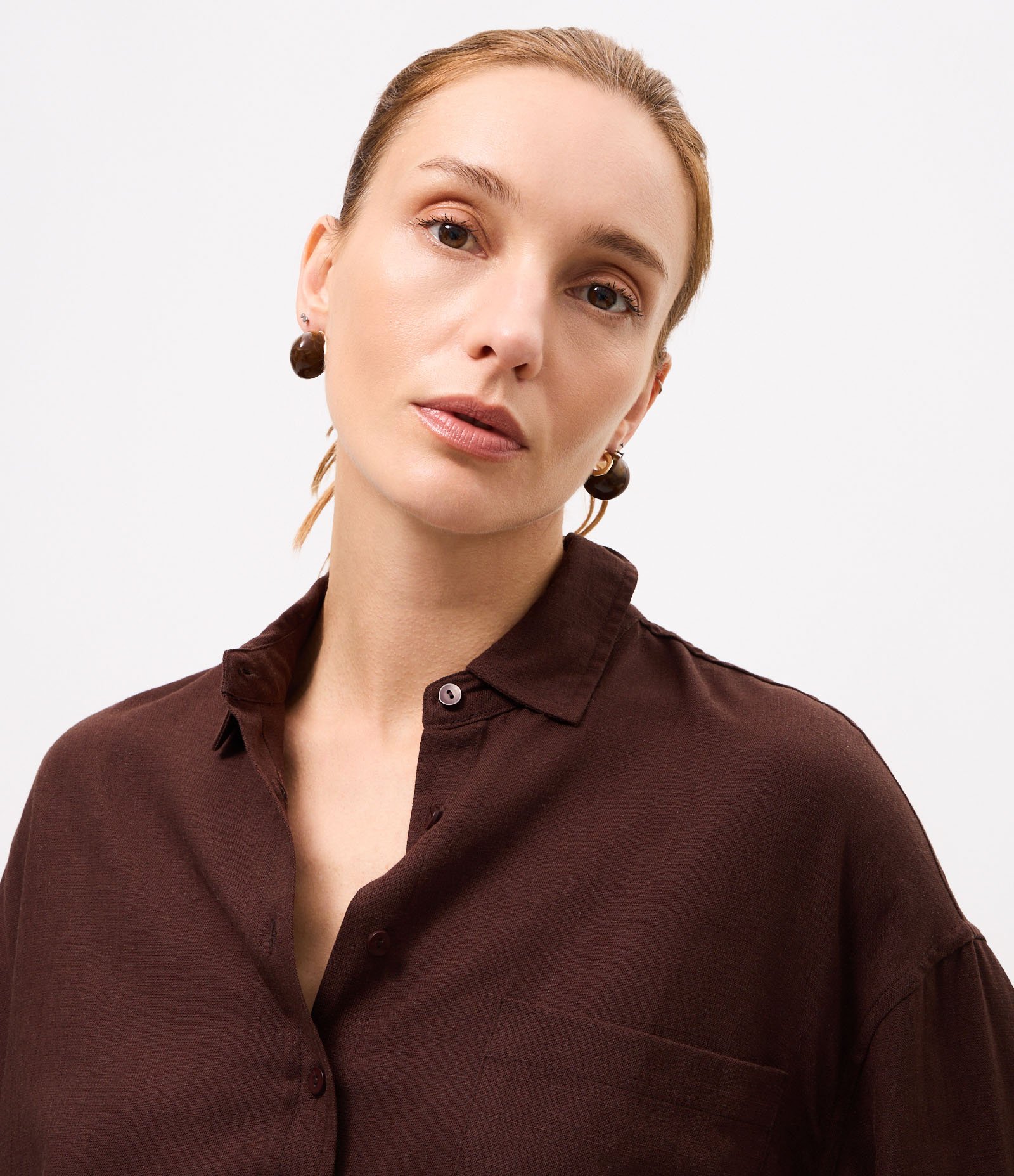 Camisa Oversized em Viscolinho com Punhos Ajustados Marrom 3