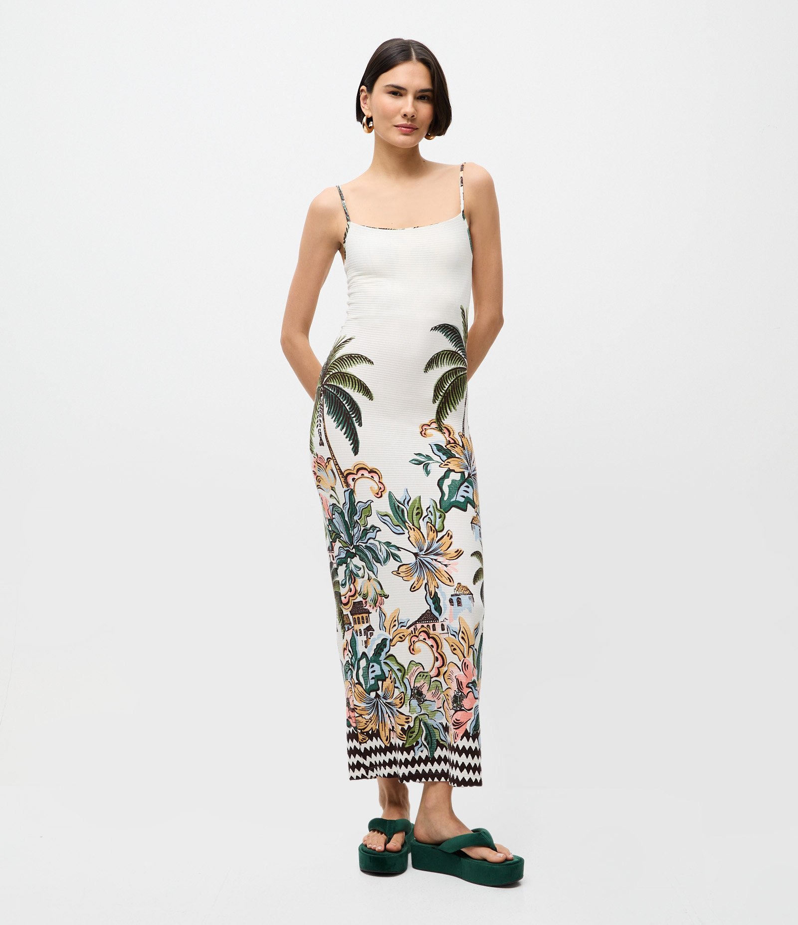 Vestido Midi em Ribana com Estampa Floral e Alças Finas Branco 1