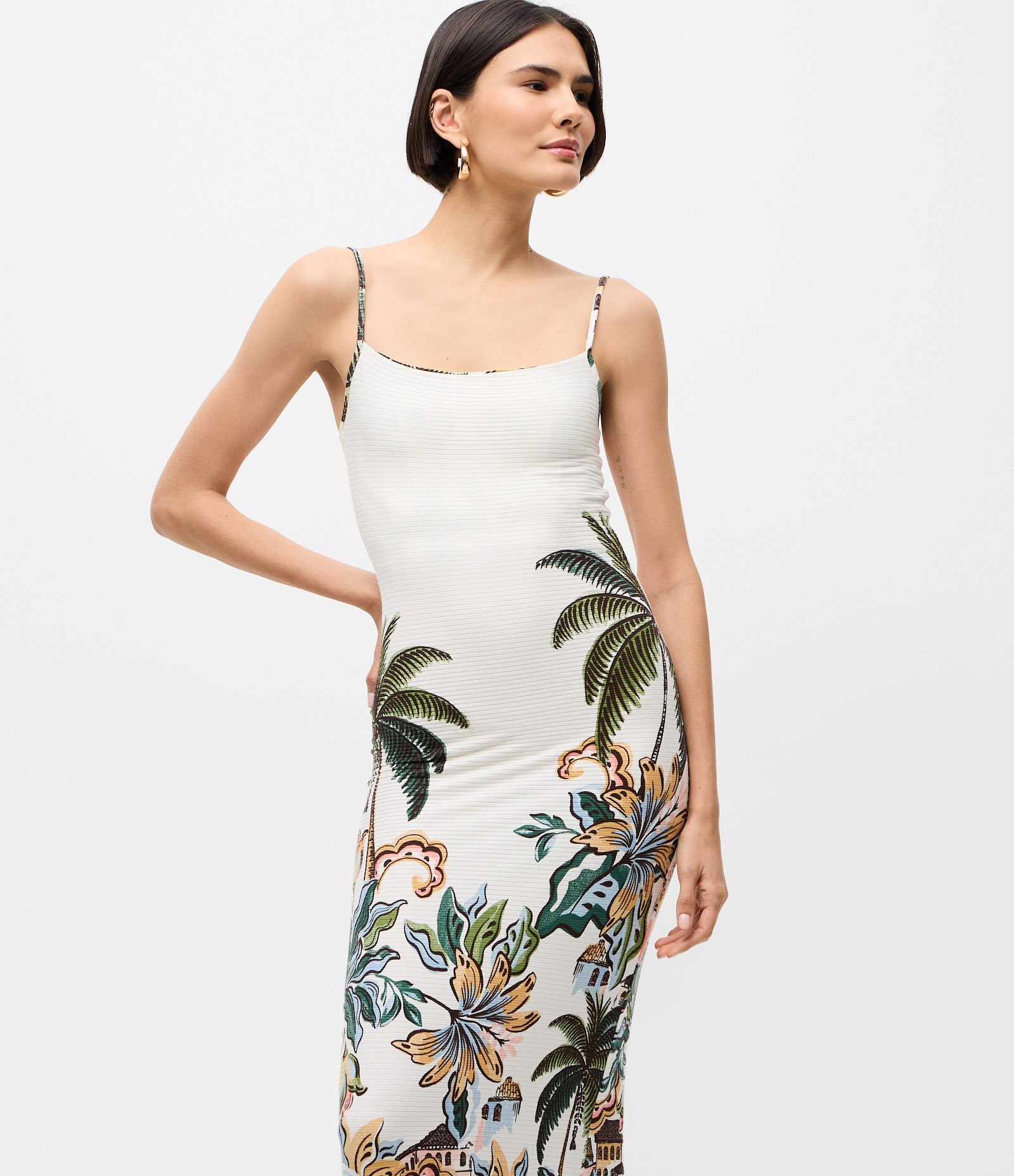 Vestido Midi em Ribana com Estampa Floral e Alças Finas Branco 2