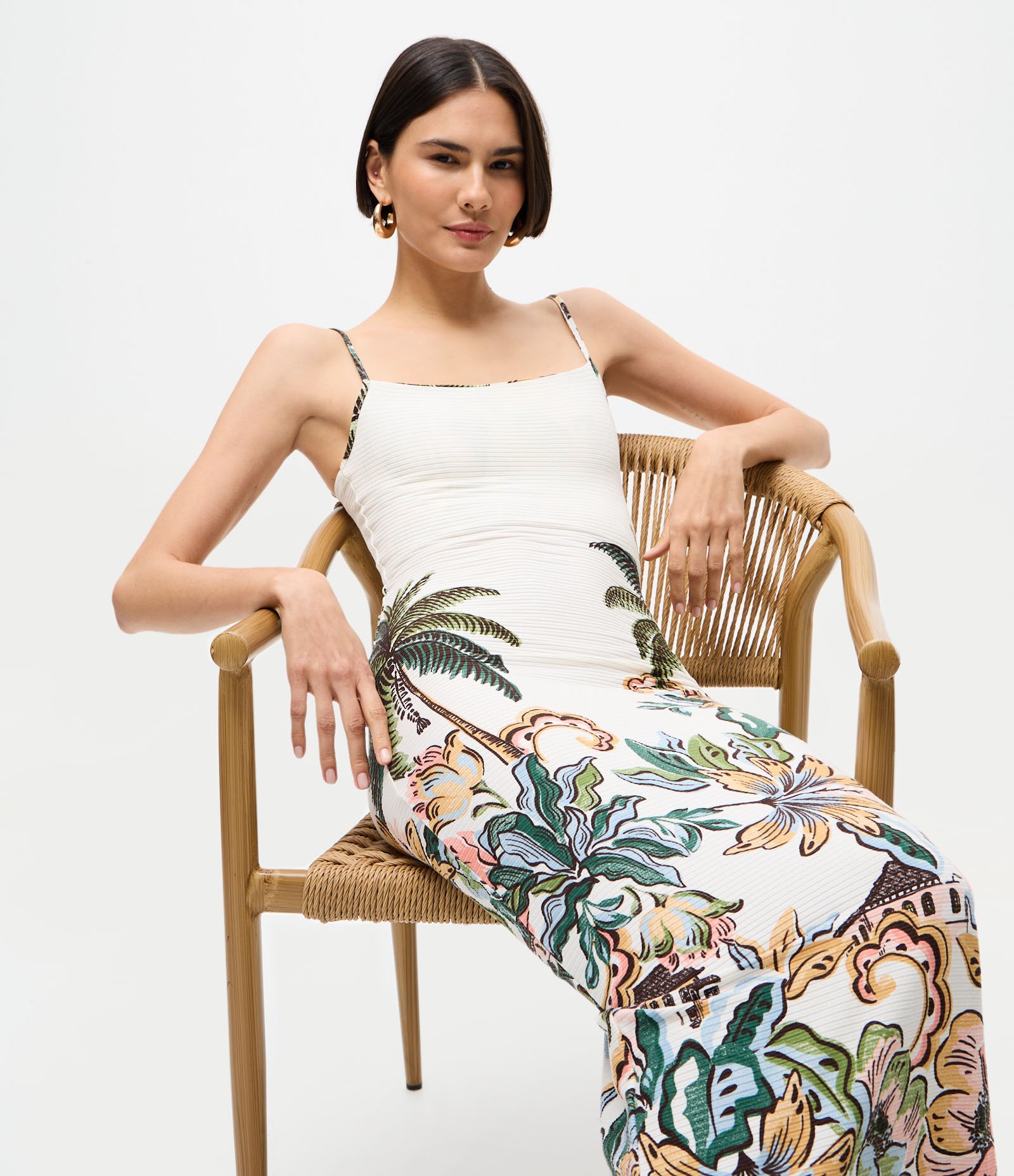 Vestido Midi em Ribana com Estampa Floral e Alças Finas Branco 3