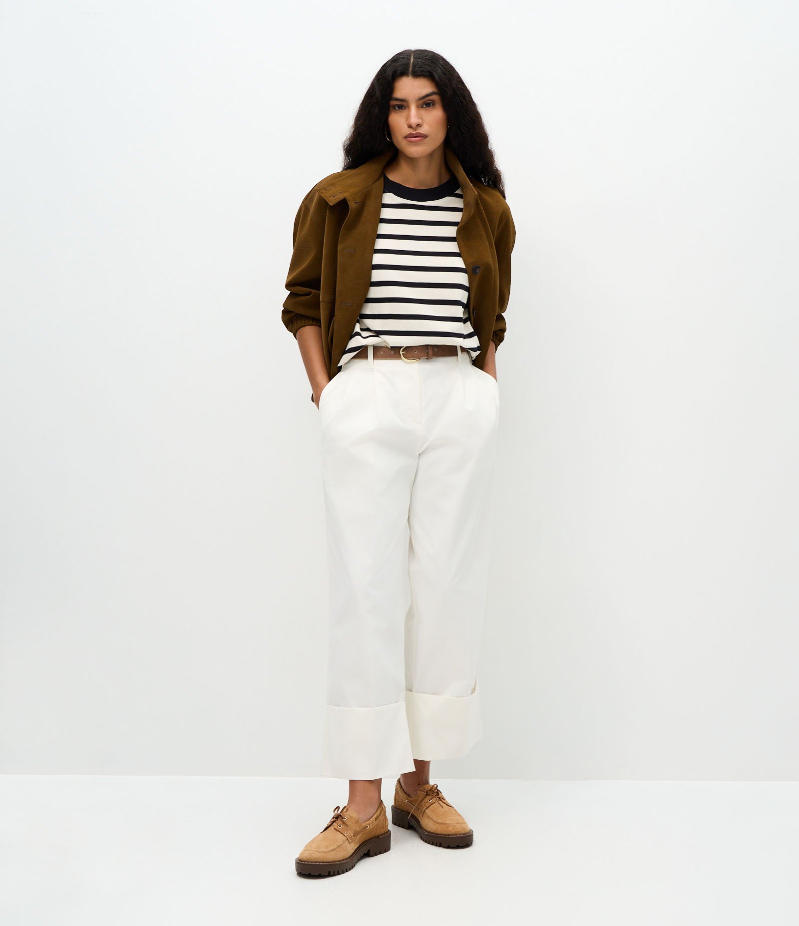 Blusa Slim Listrada em Algodão com Gola Contrastante Branco/Preto 2