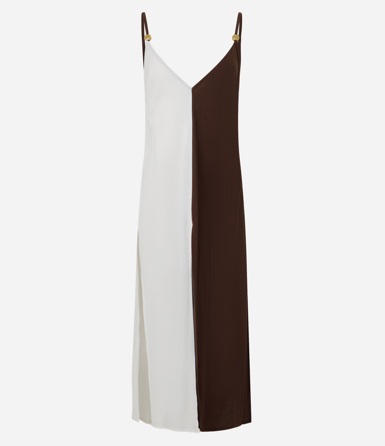 Saída de Praia Vestido Bicolor com Aviamento nas Alças Marrom/Branco 1