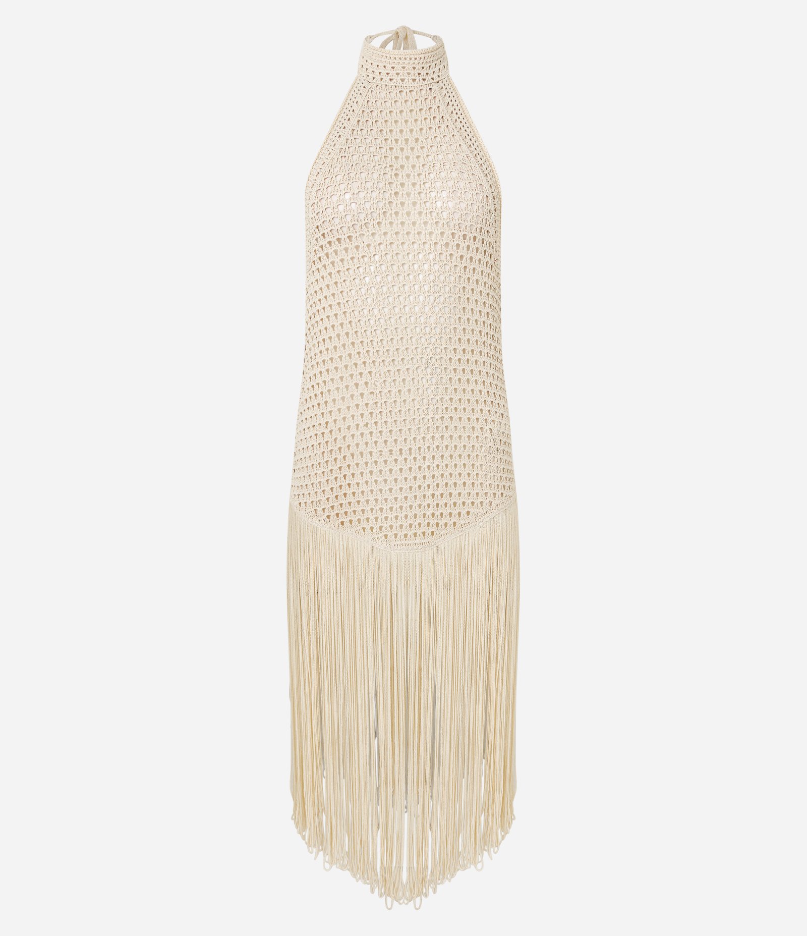 Saída de Praia Vestido com Efeito Crochê e Franjas Bege 1