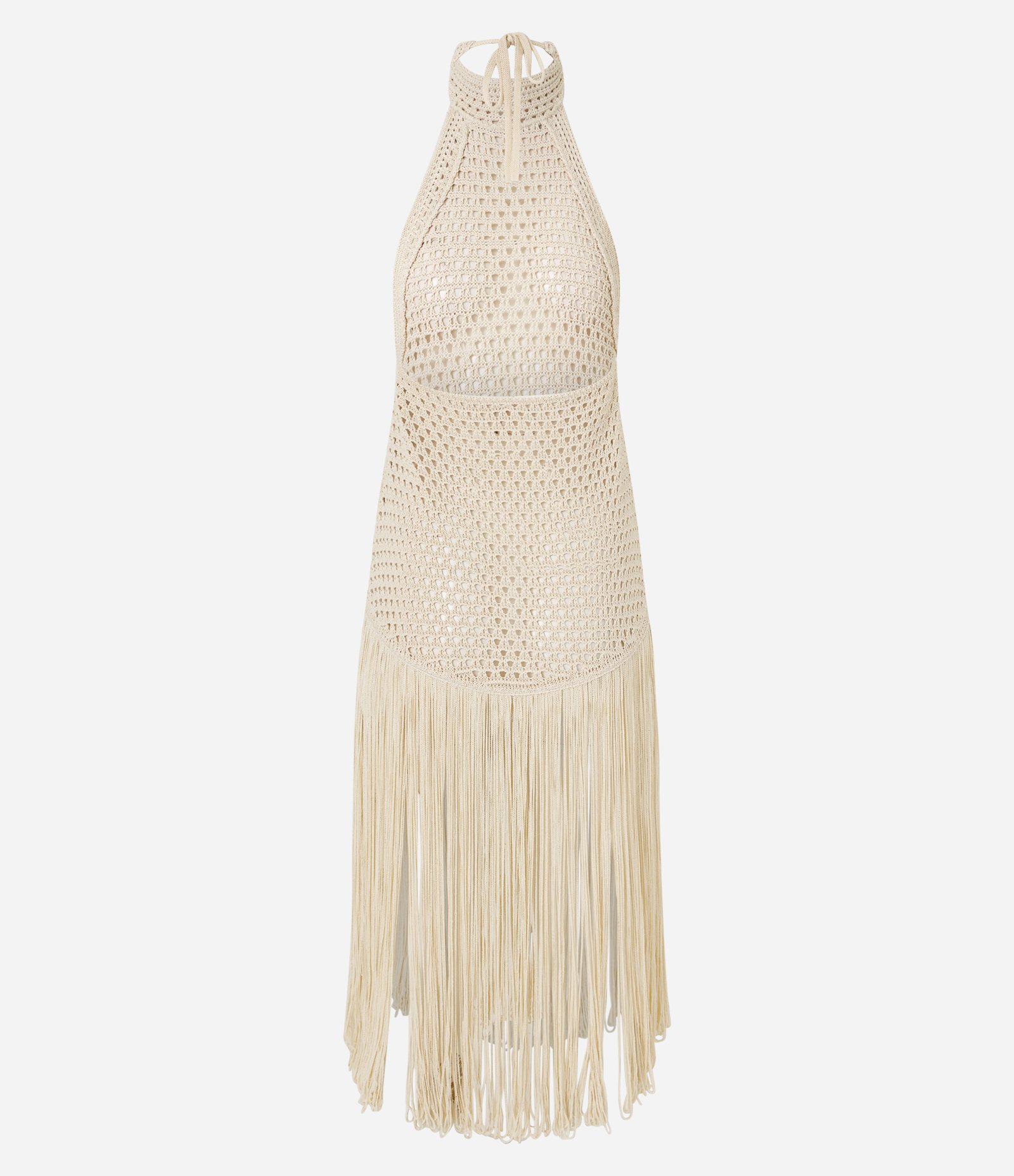 Saída de Praia Vestido com Efeito Crochê e Franjas Bege 3