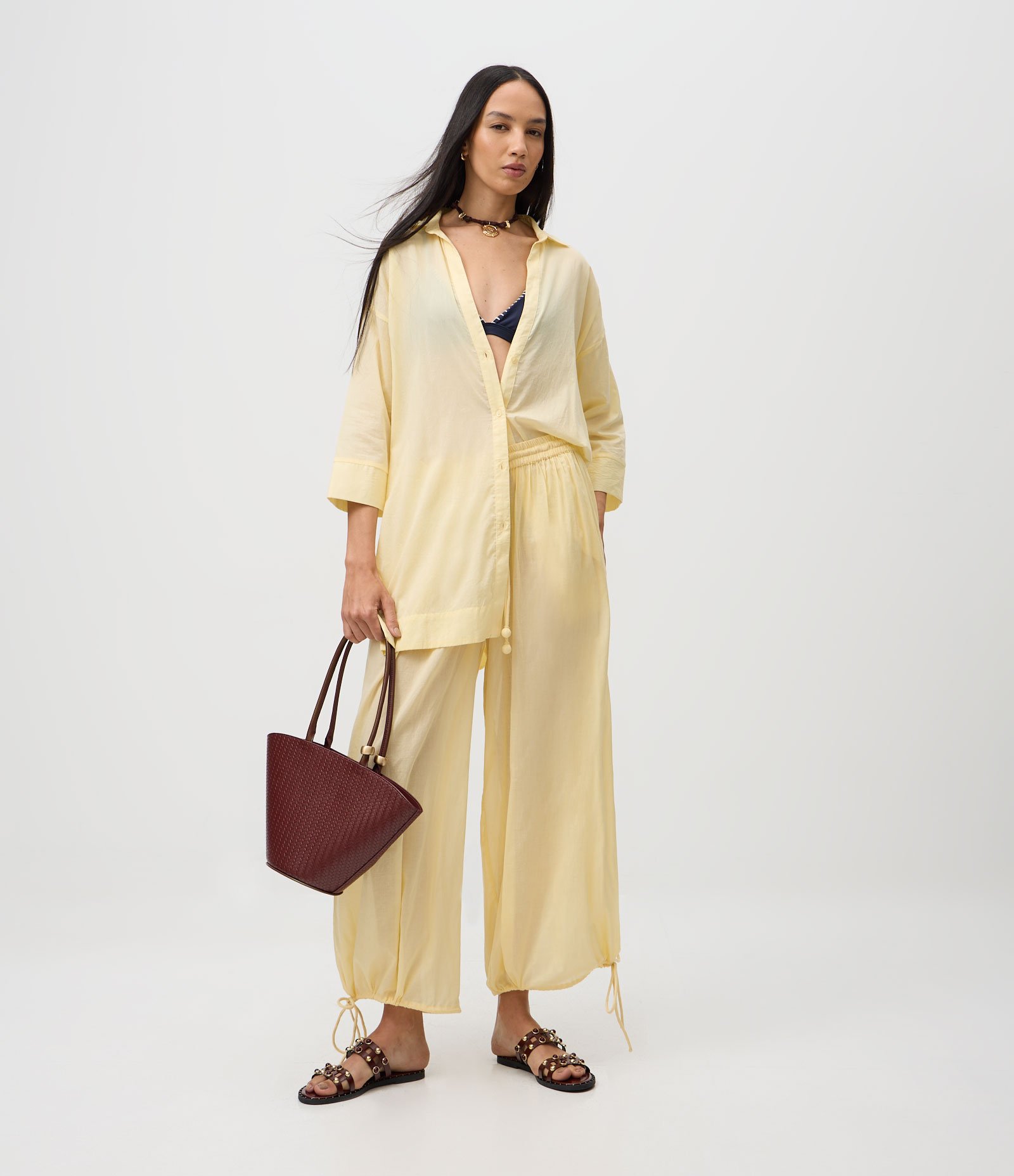 Saída de Praia Chemise em Cotton com Manga 3/4 Amarelo 2