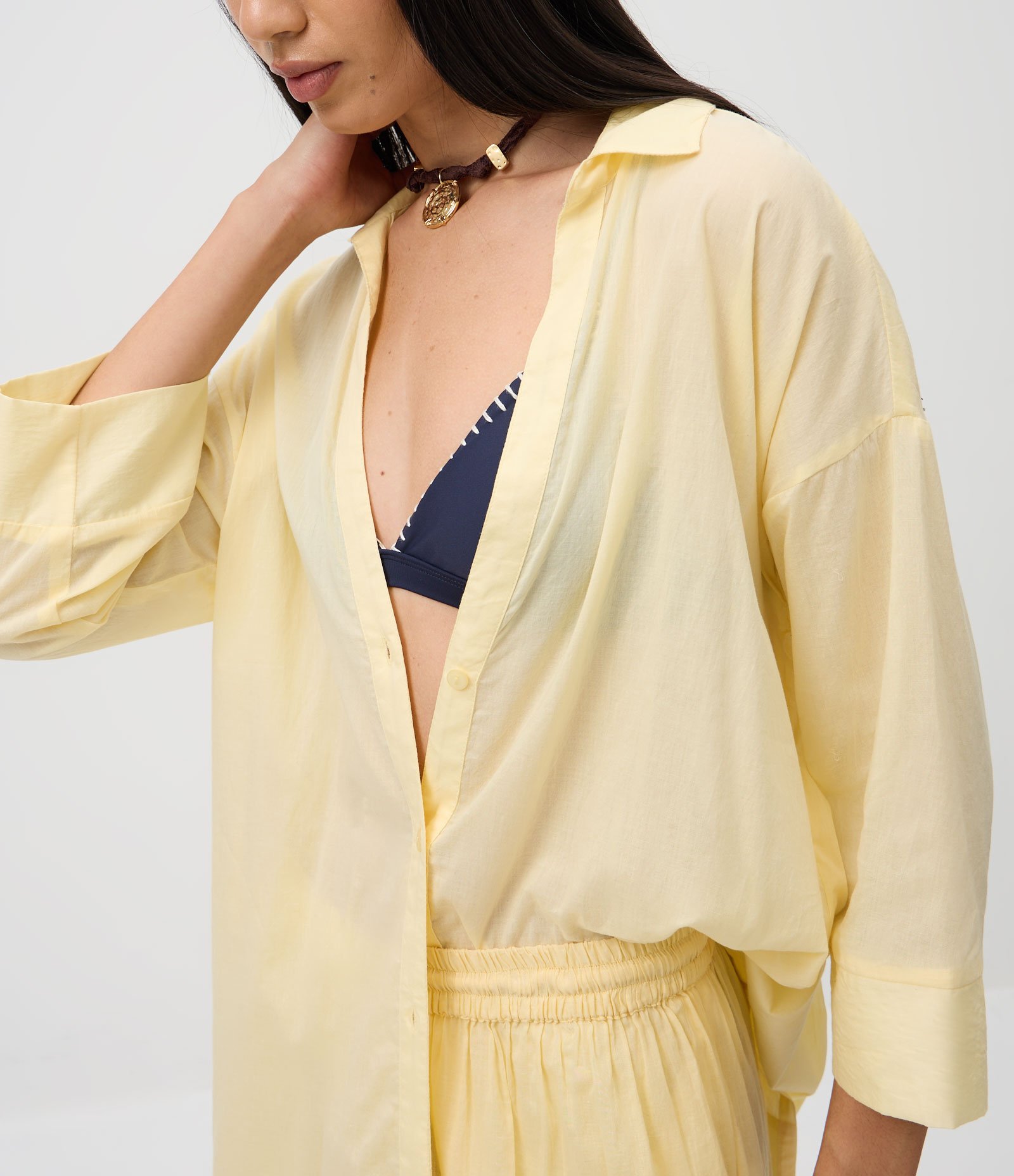 Saída de Praia Chemise em Cotton com Manga 3/4 Amarelo 3