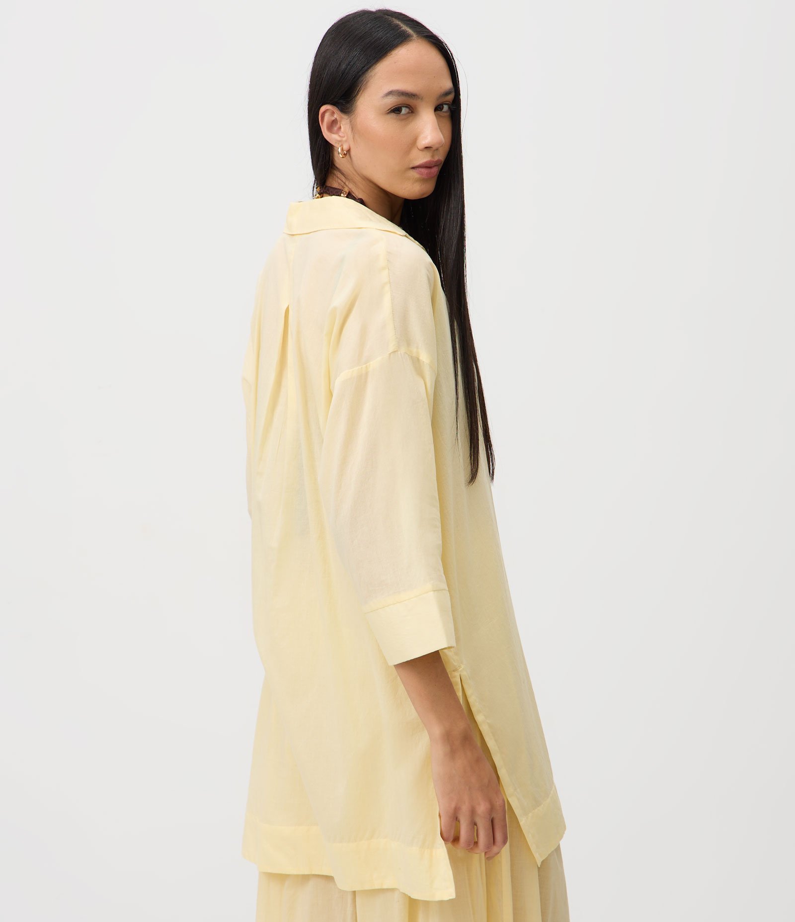 Saída de Praia Chemise em Cotton com Manga 3/4 Amarelo 4