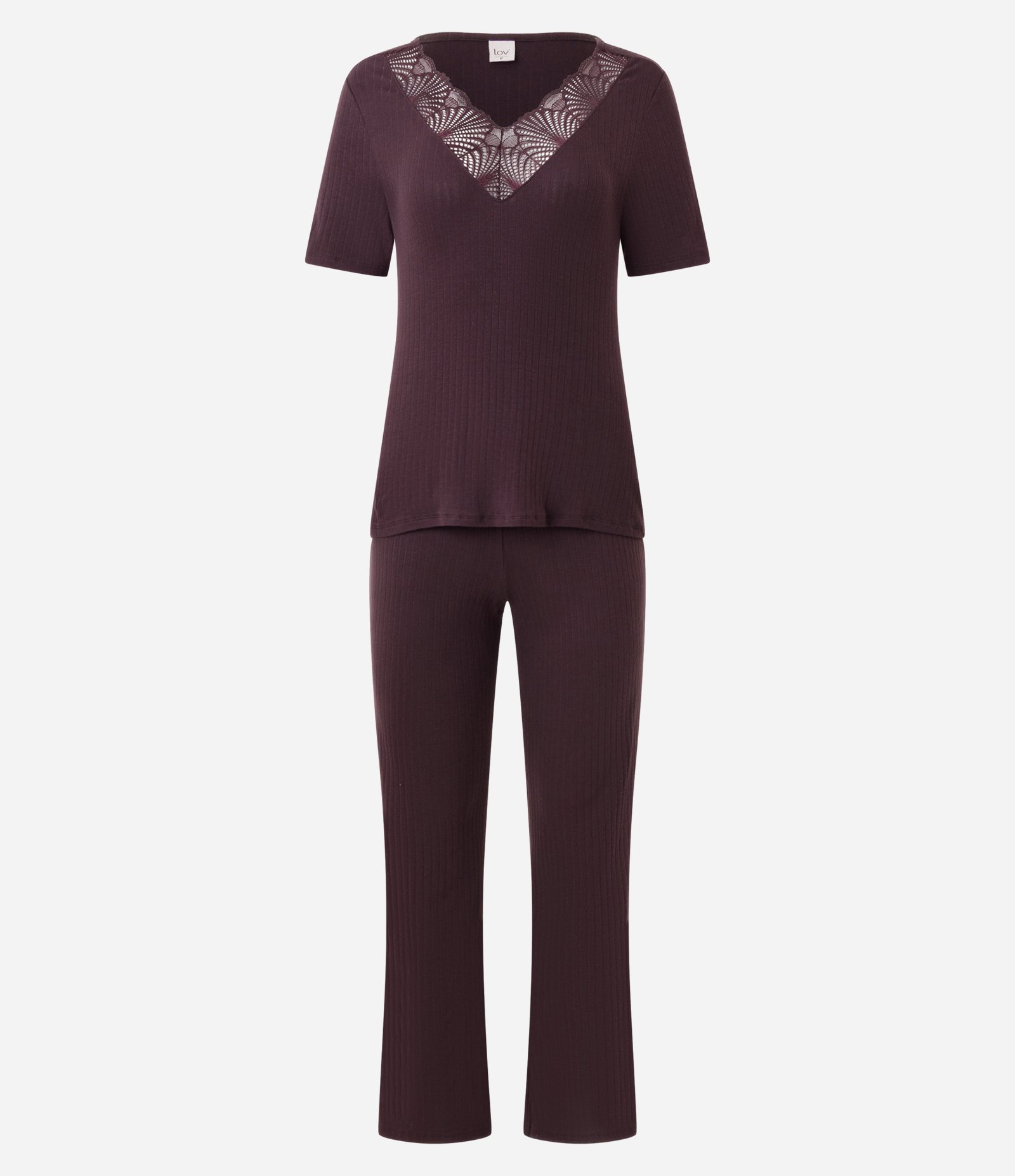 Pijama Longo em Ribana com Detalhe em Renda Marrom 6