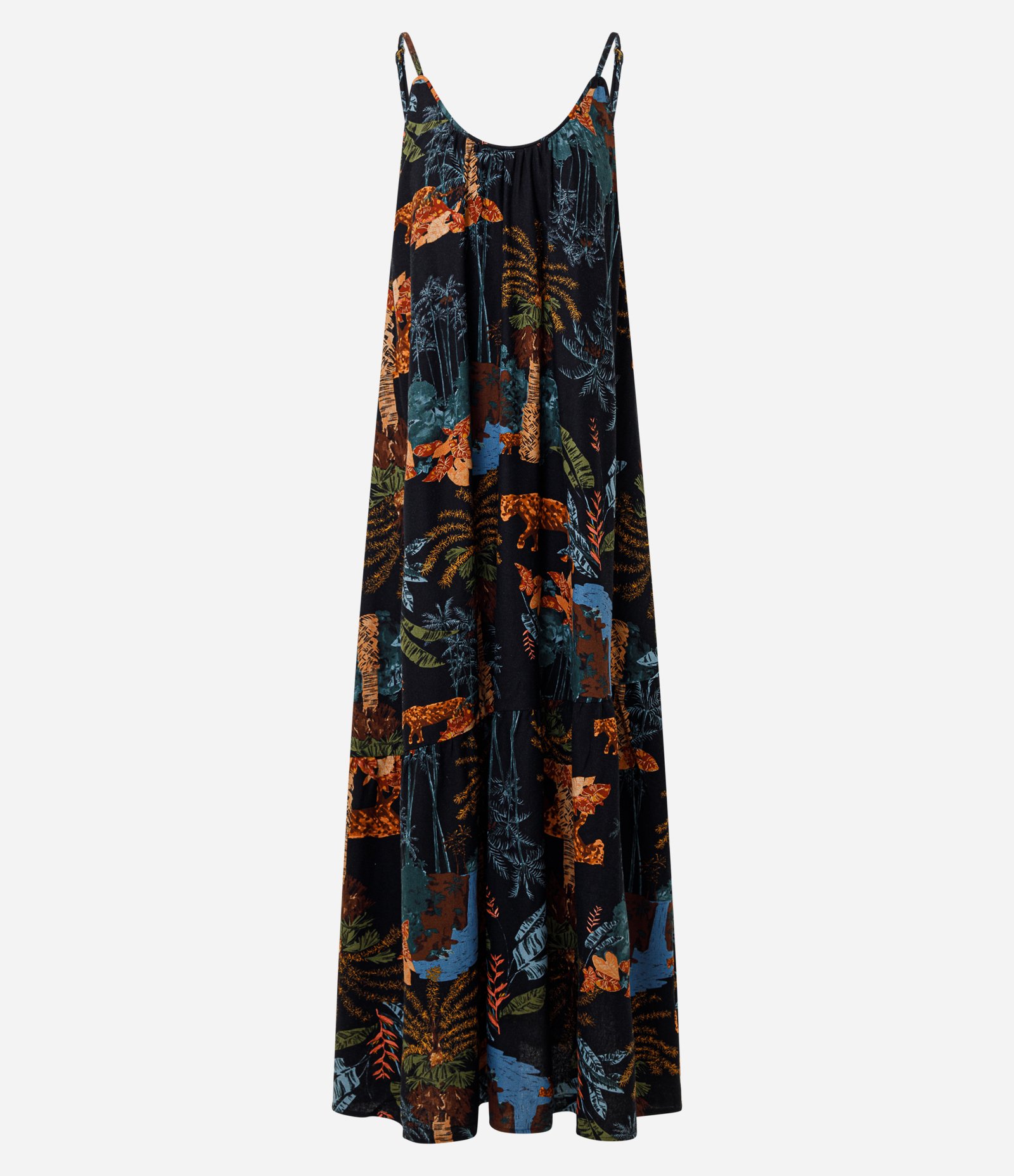 Vestido Longo em Viscolinho com Decote U e Estampa Tropical Preto 5