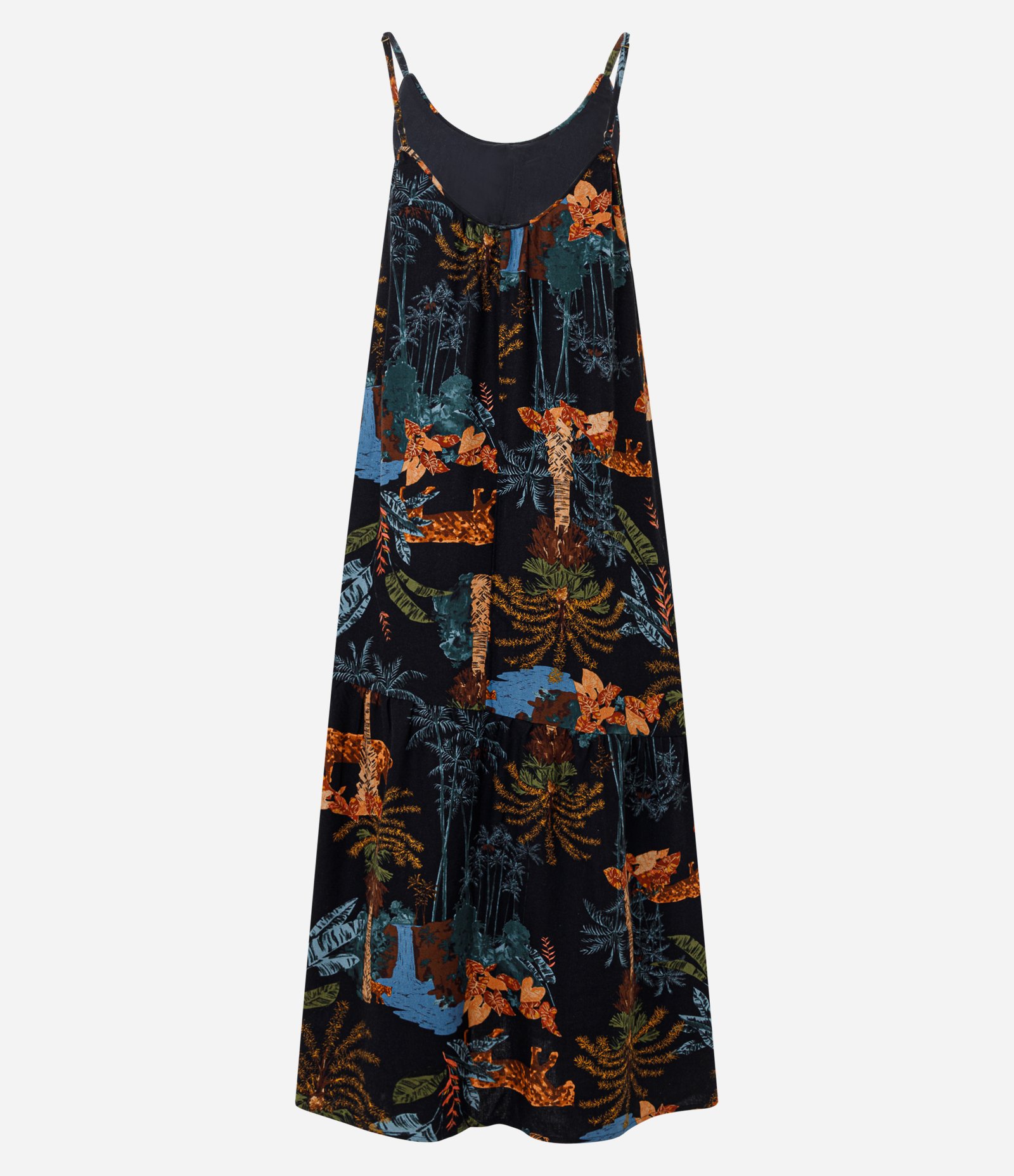 Vestido Longo em Viscolinho com Decote U e Estampa Tropical Preto 6