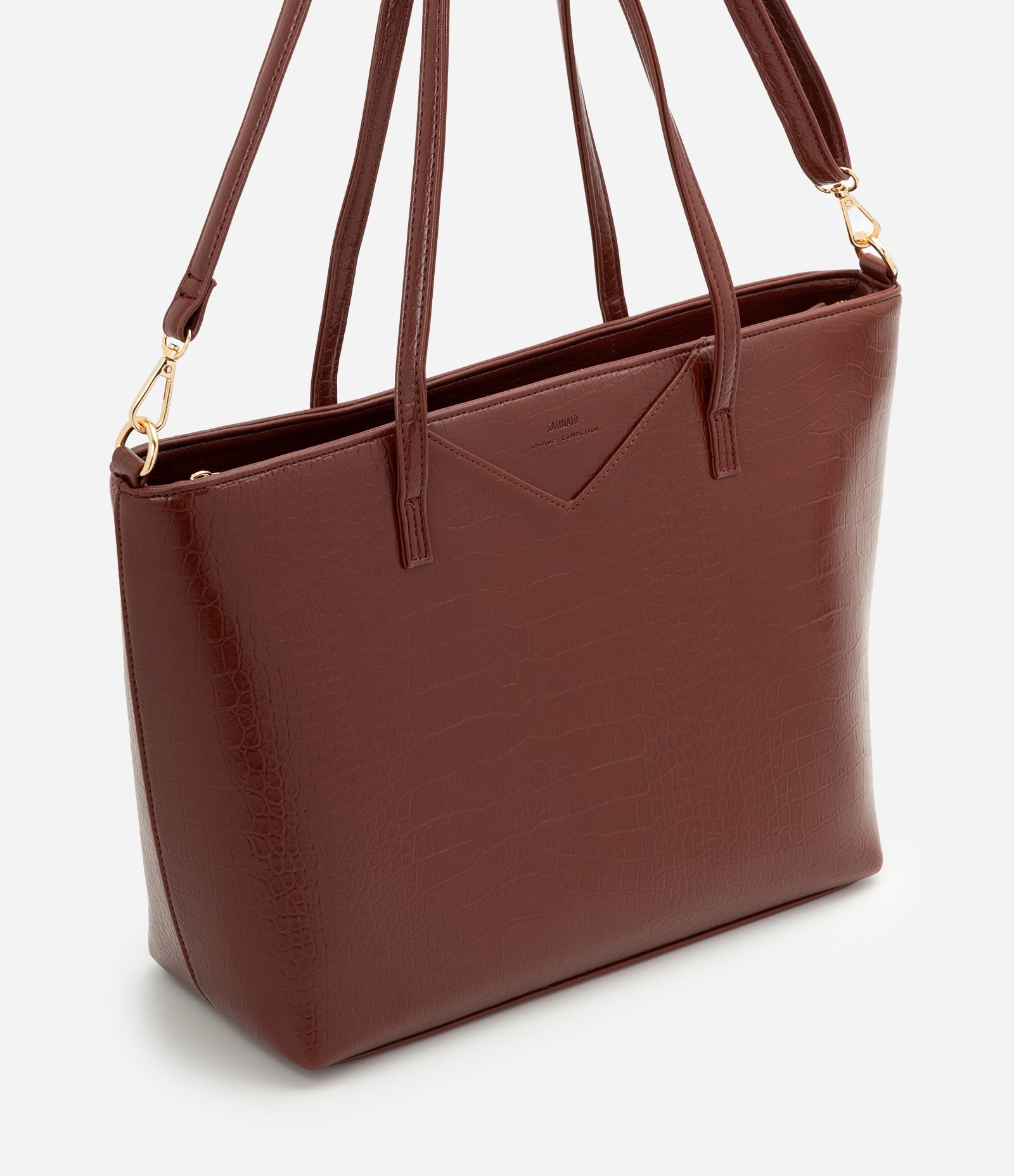 Bolsa Shopper Grande com Alça Longa e Textura Croco Marrom 1