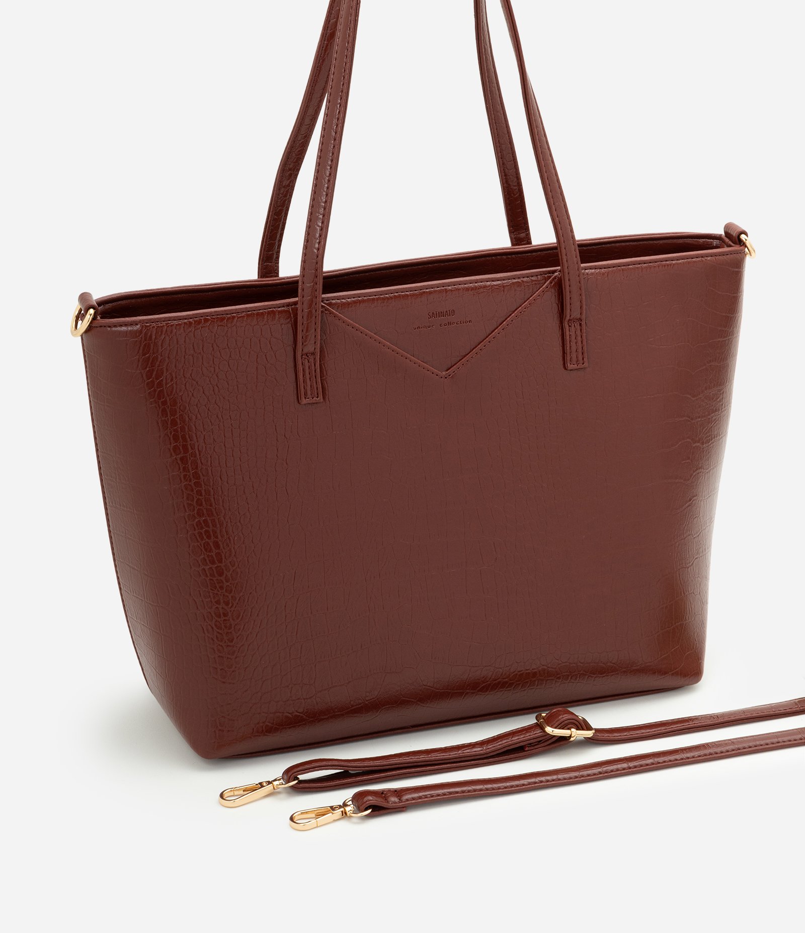 Bolsa Shopper Grande com Alça Longa e Textura Croco Marrom 6