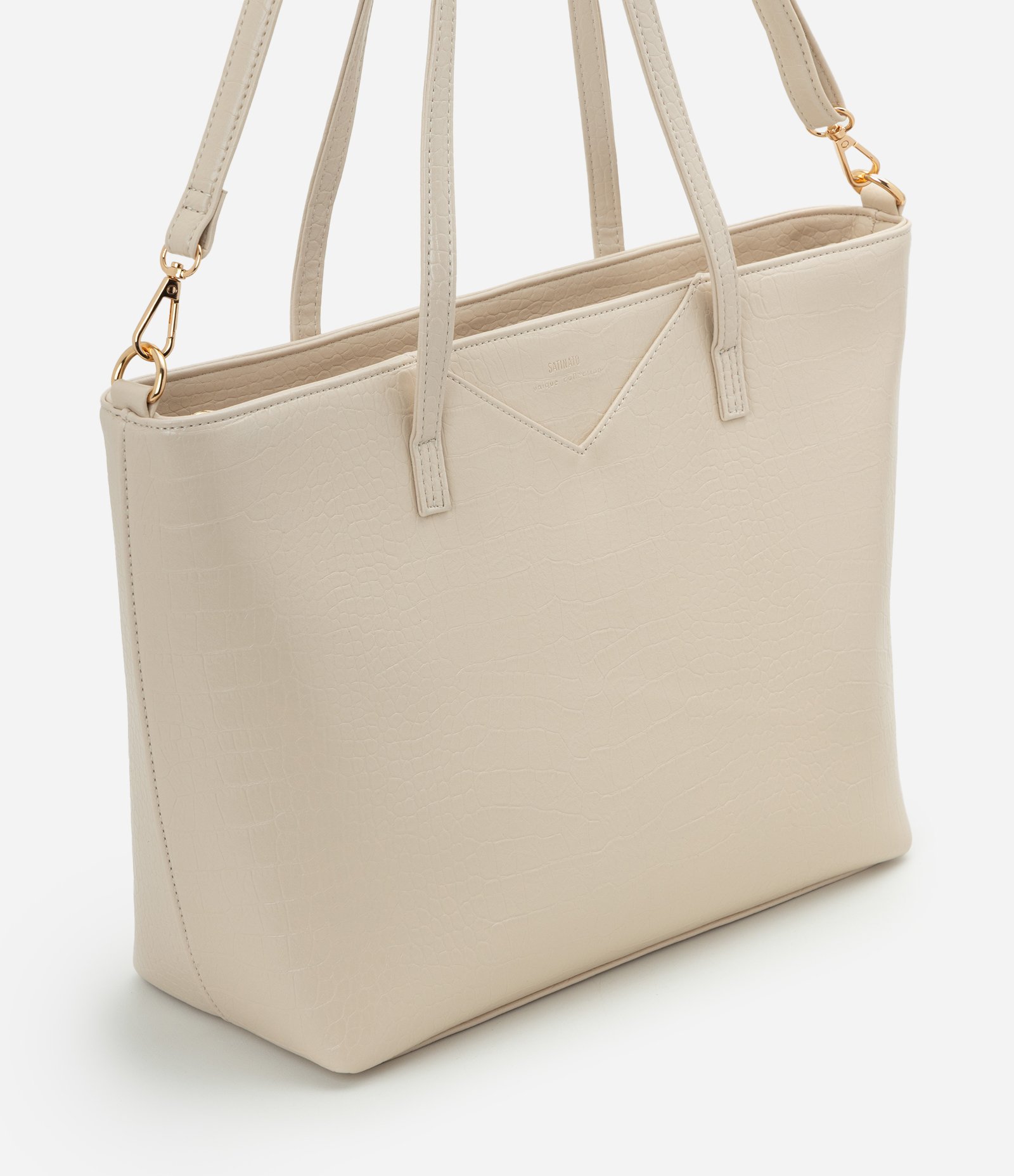 Bolsa Shopper Grande com Alça Longa e Textura Croco Off White 1