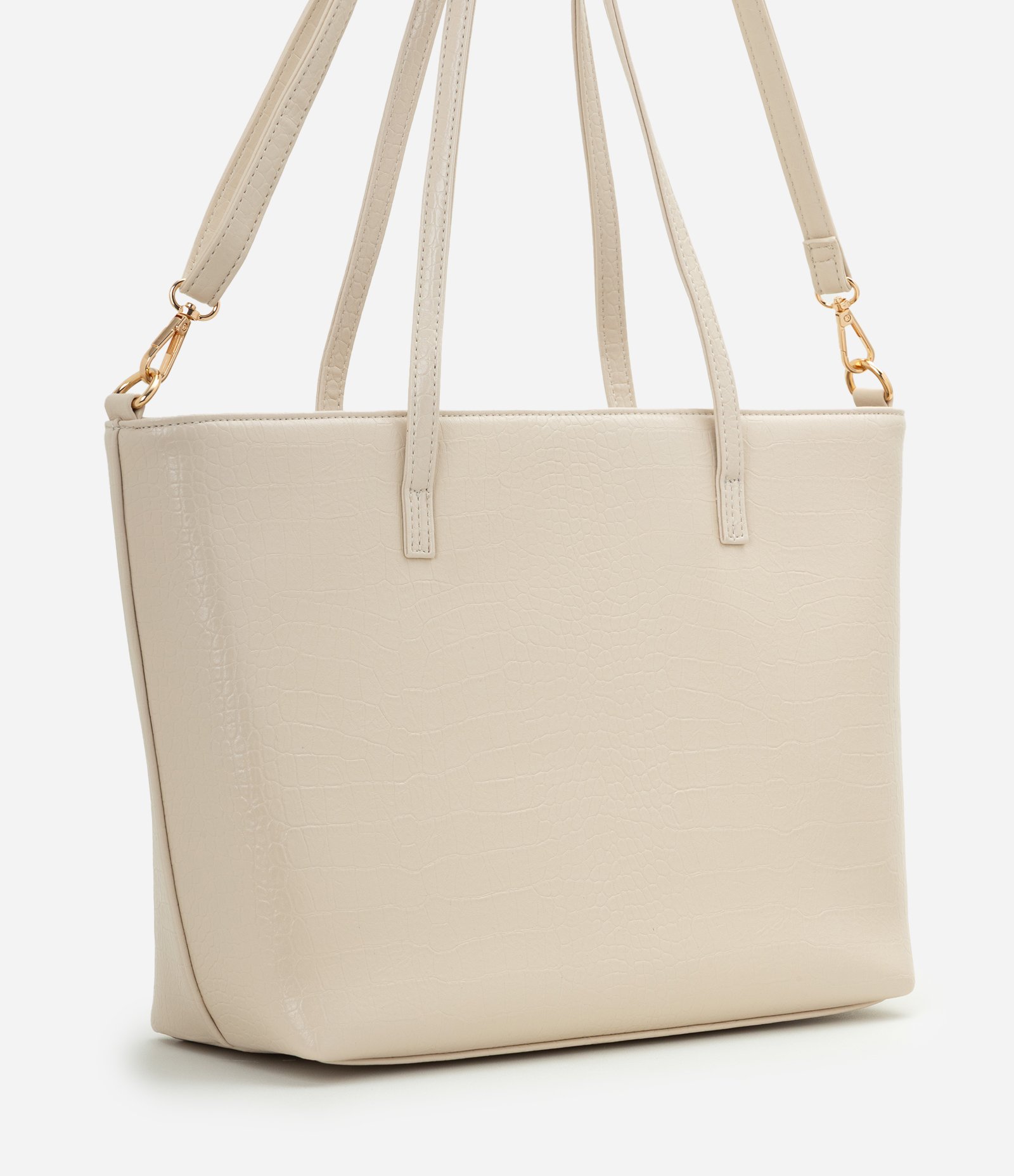 Bolsa Shopper Grande com Alça Longa e Textura Croco Off White 3