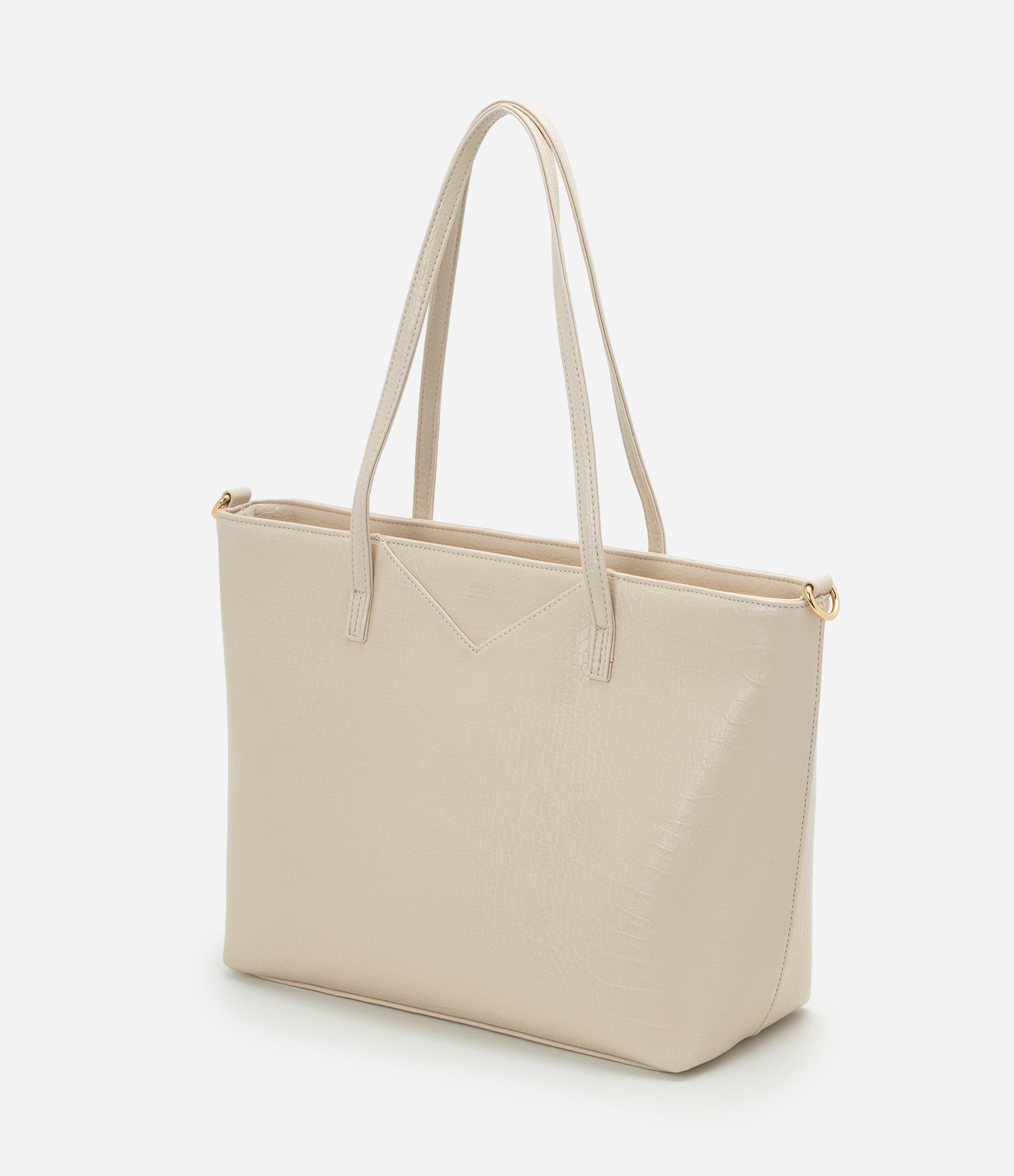 Bolsa Shopper Grande com Alça Longa e Textura Croco Off White 4