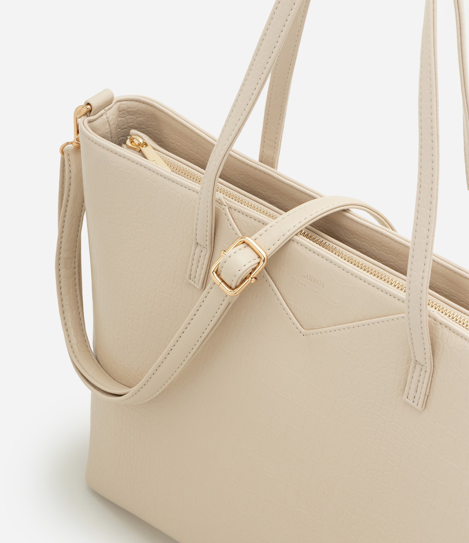 Bolsa Shopper Grande com Alça Longa e Textura Croco Off White 5